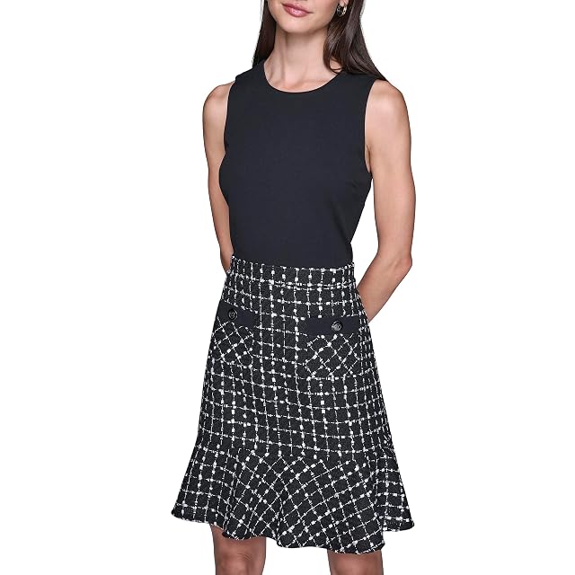 Karl Lagerfeld Womens Sleeveless Contrast Grid Tweed Skirt A-line Dress