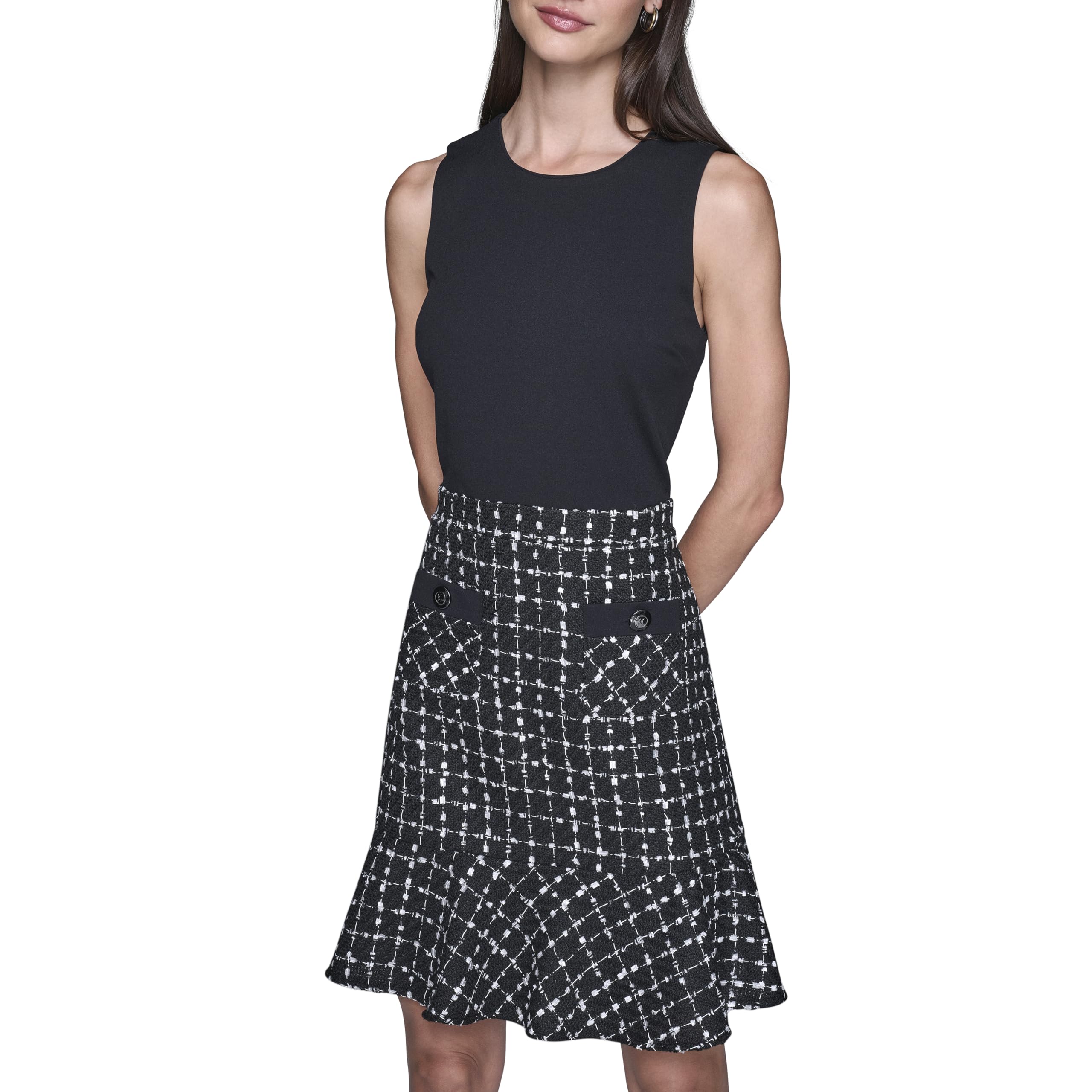 Karl Lagerfeld Womens Sleeveless Contrast Grid Tweed Skirt A-line Dress