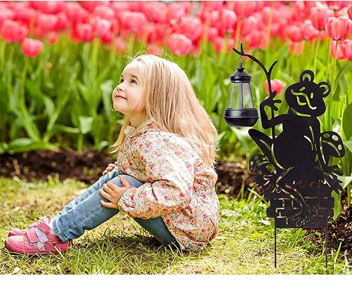 Miniatura 4 de Juego de 2 estacas solares para jardín con diseño de ranas con lámpara (paquete de 2); juego de 2 siluetas de metal con faroles solares recargables