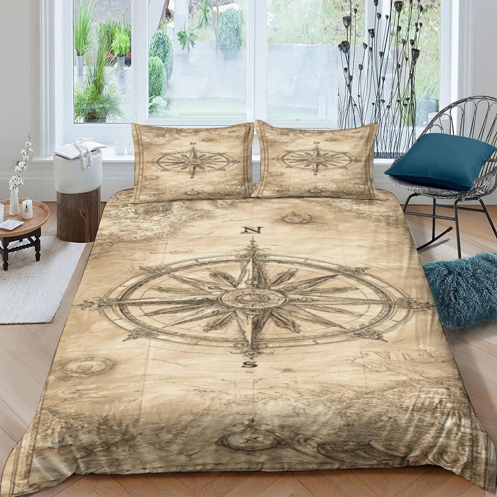 Ctjqhvkz Style-9 3D Printed Vintage Compass Fitted Sheet Microfiber Soft Breathable Nautical Map Bed Cover For Bedroom Dorm Mattress Protection Decor Single（135X200cm）