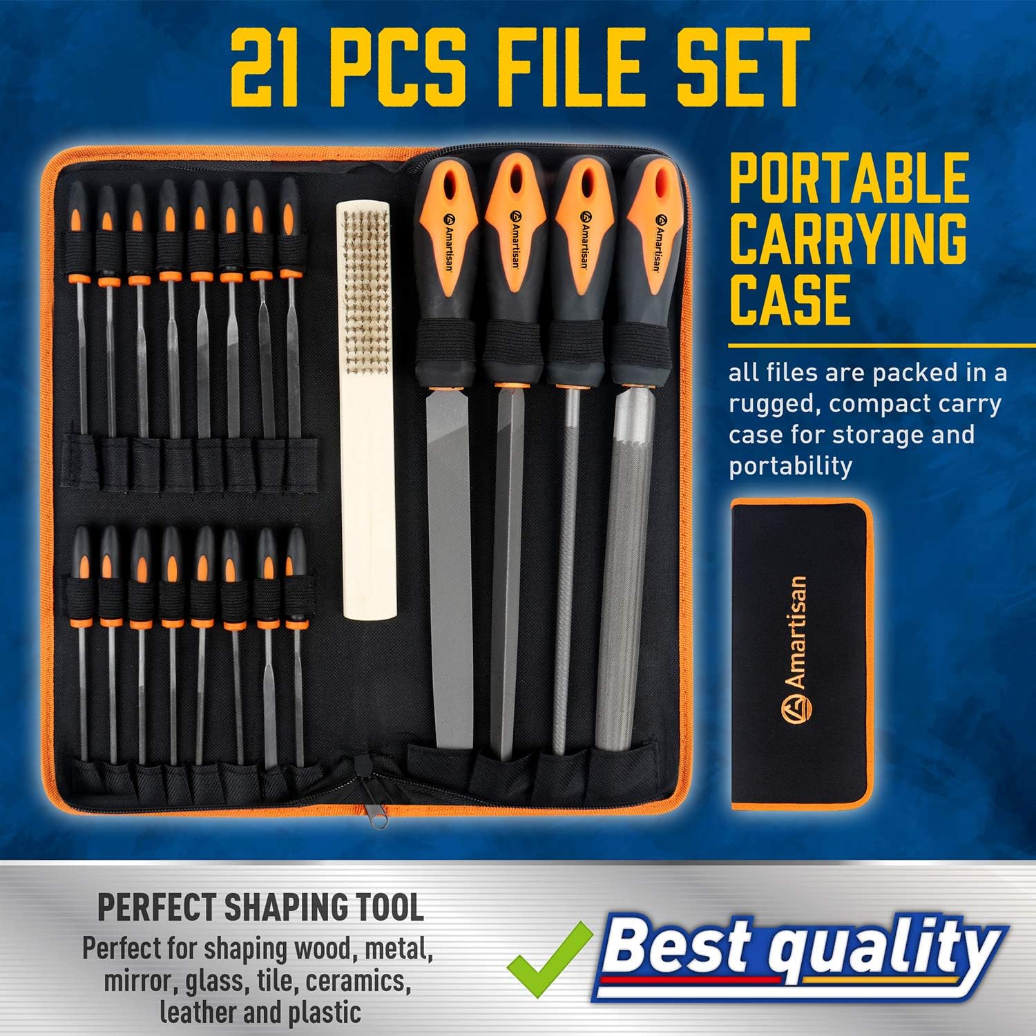 Amartisan 21Pcs Premium Metal File Set with Carry Case, High Carbon Steel File Set, Flat/Triangle/Half-Round/Round Large File and 16pcs Needle File Set