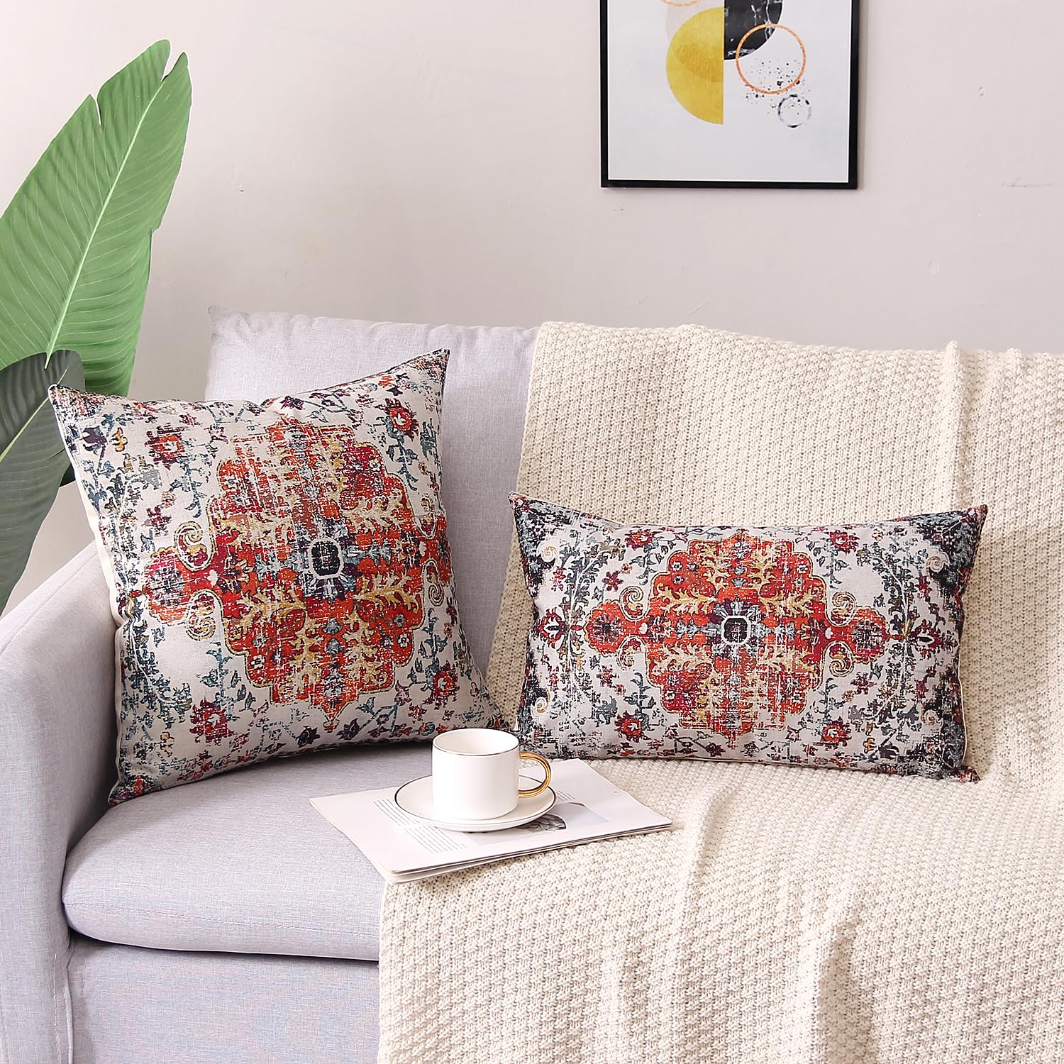 BETGINY Boho Pillow Covers 18x18 - Burnt Orange & Blue Ethnic Pattern, 2-Pack, Linen Blend