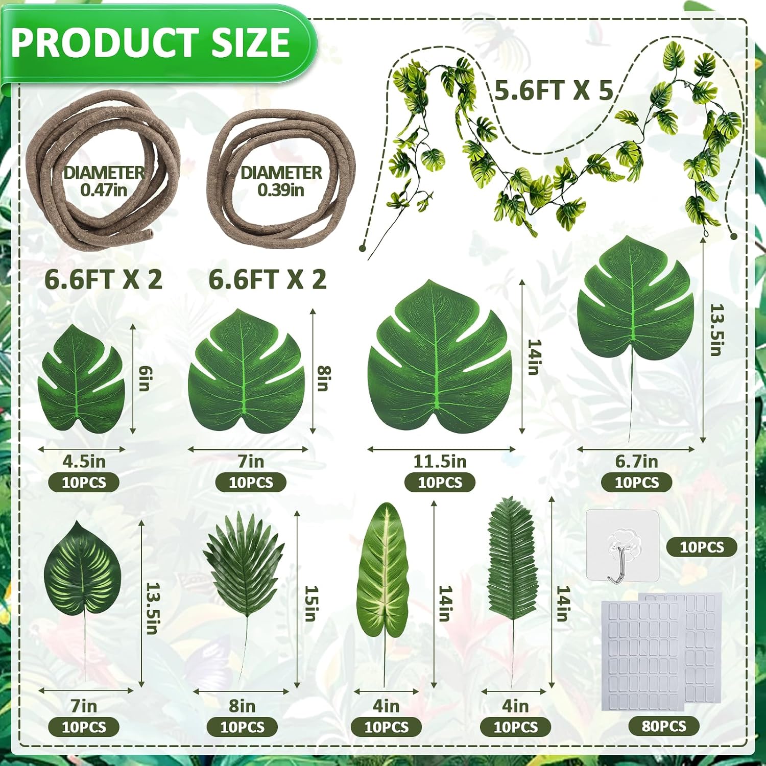 100 Pcs Fake Vines, Rainforest Falls VBS Decorations, Jungle Party Decorations, 26 ft Fake Rattan 28 ft Monstera Leaf Vines 80 Tropical Palm Leaves Set for Classroom Safari Birthday Baby Shower Decor