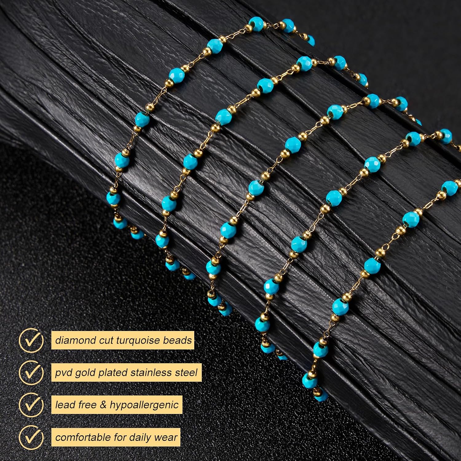 BORUINIE 3mm Turquoise Bead Chain Gold Plated Stainless Steel Chains Bulk