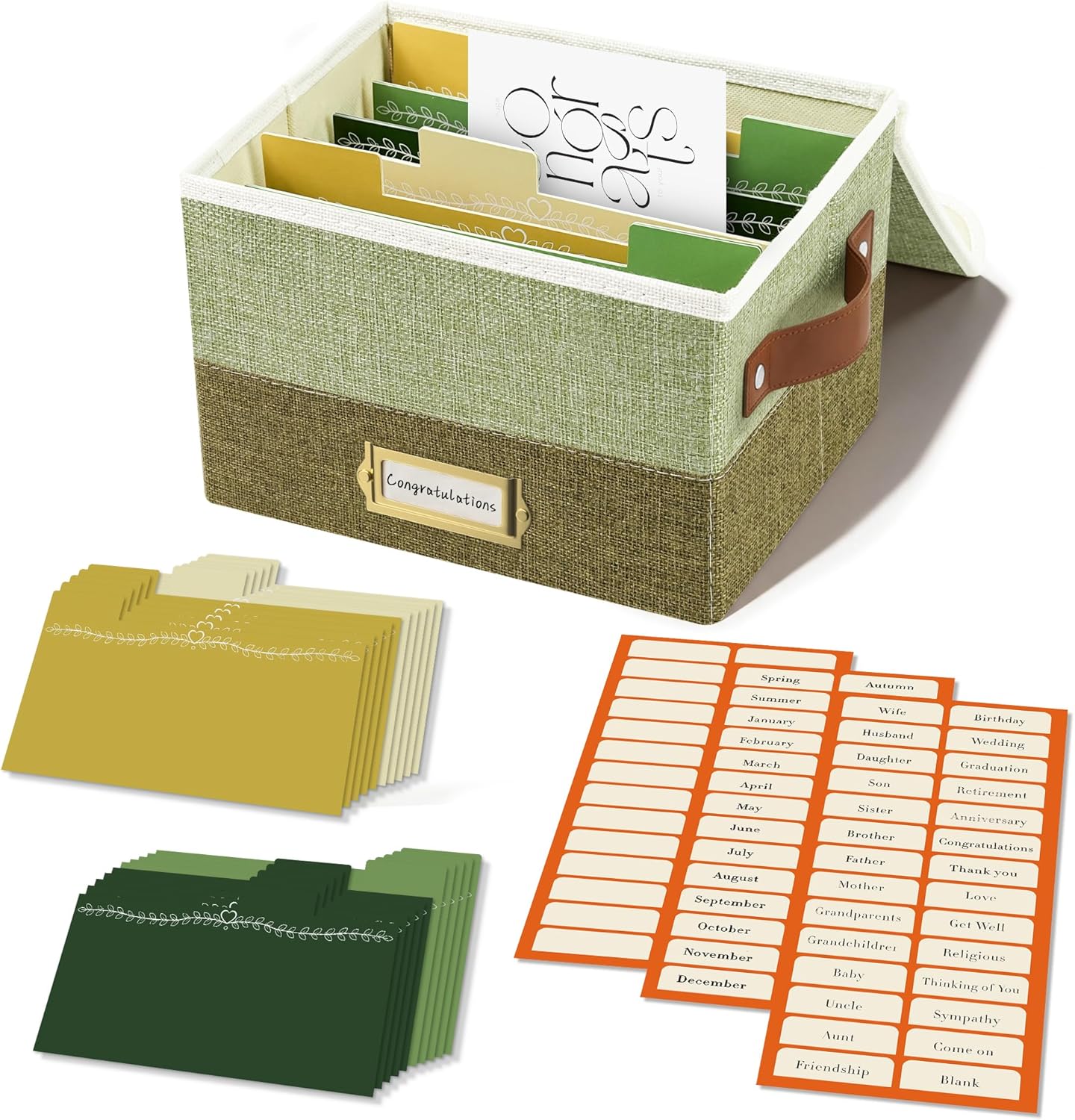 Vienrose Greeting Card Organizer Box, Foldable Storage Box with 20 Removable Dividers and 84 Self-Adhesive Labels, Card Box for Greeting Cards Photos Envelopes Stickers Postcards, Sage & Olive