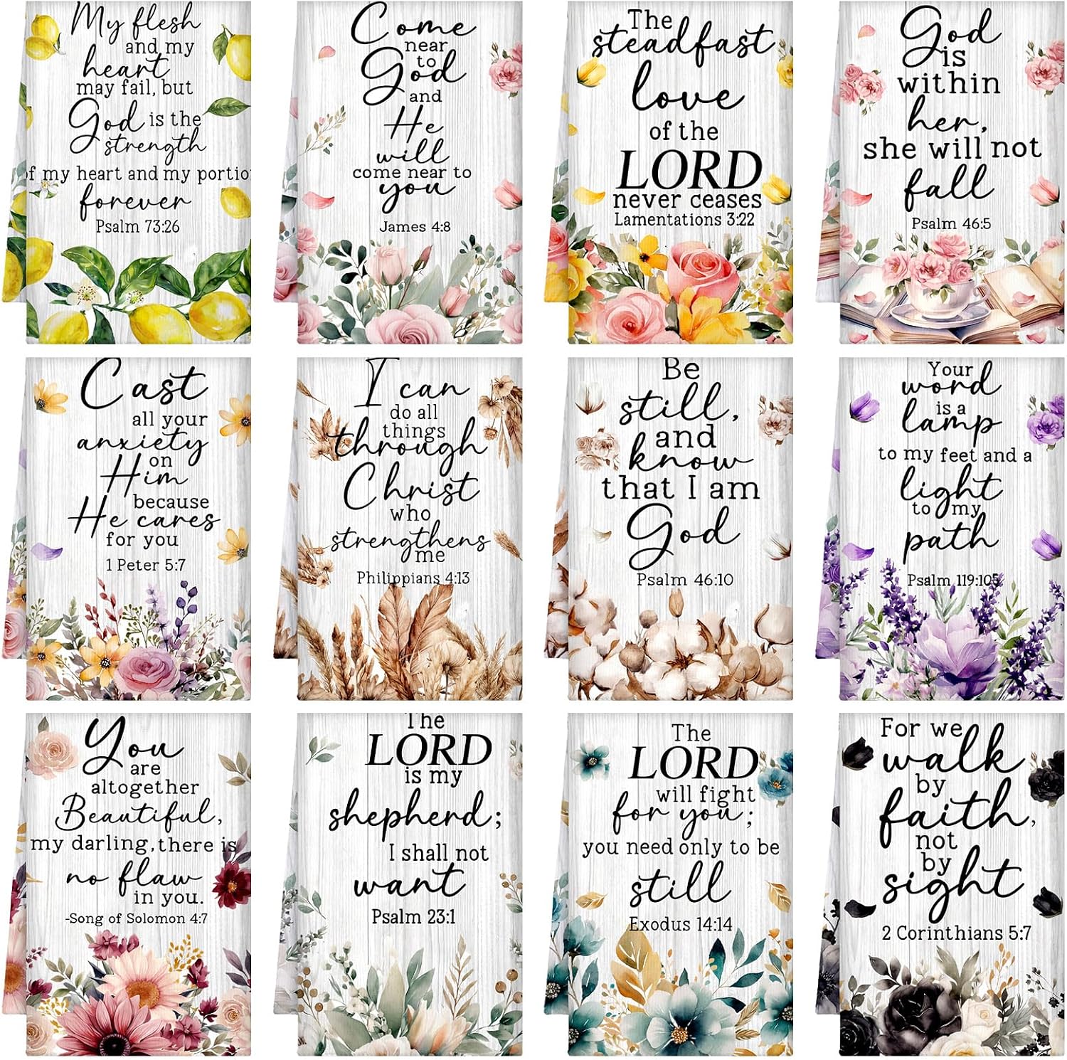 Hahafelt 12 Pcs Christian Kitchen Dish Towels Gifts Bulk Floral Religious Absorbent Inspirational Scripture Hymn Tea Towels for Women Mom Kitchen Housewarming Home Gifts, 14 x 21''(Bright)