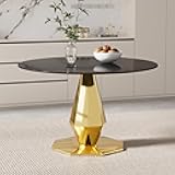 RGZ Modern Golden Luxury Round Dining Table for 4-6, 47'' Black Circle Glass Top Kitchen Table with Stainless Steels Base, Large Circular Minimalist Apartment Dinner Table for Home, Living Room, Tea