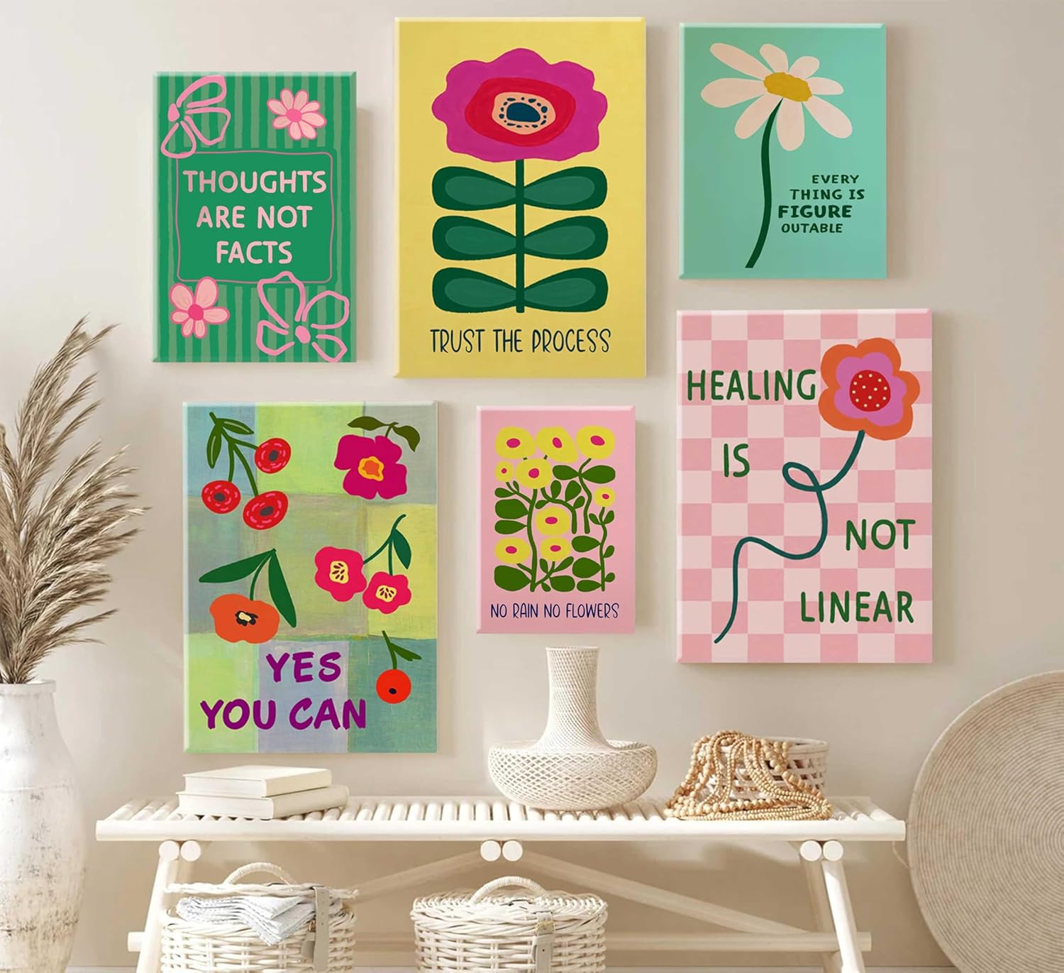 6 Pcs Mental Health Wall Art Psychology Therapy Office Wall Decor Motivational Quotes Poster Positive Affirmations Prints Painting Boho Floral Pictures Canvas for Home Counseling Office Framed
