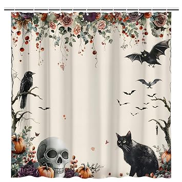 Halloween Shower Curtain Scary Skull Black Cat Crow Bat Pumpkin Weeping Flowers Branch Skeleton Bathroom Decor Fabric Curtains with Hooks 70" W x 59" L