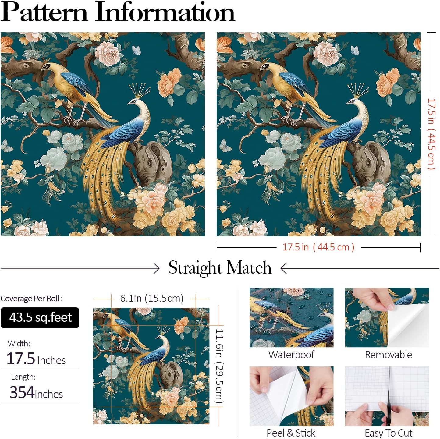 FunStick 17.5"x354" Dark Teal Blue Floral Peel and Stick Wallpaper Vintage Chinoiserie Peacock Wallpaper for Bathroom Living Room Renter Friendly Peony Flower Bird Wall Paper Waterproof Contact Paper