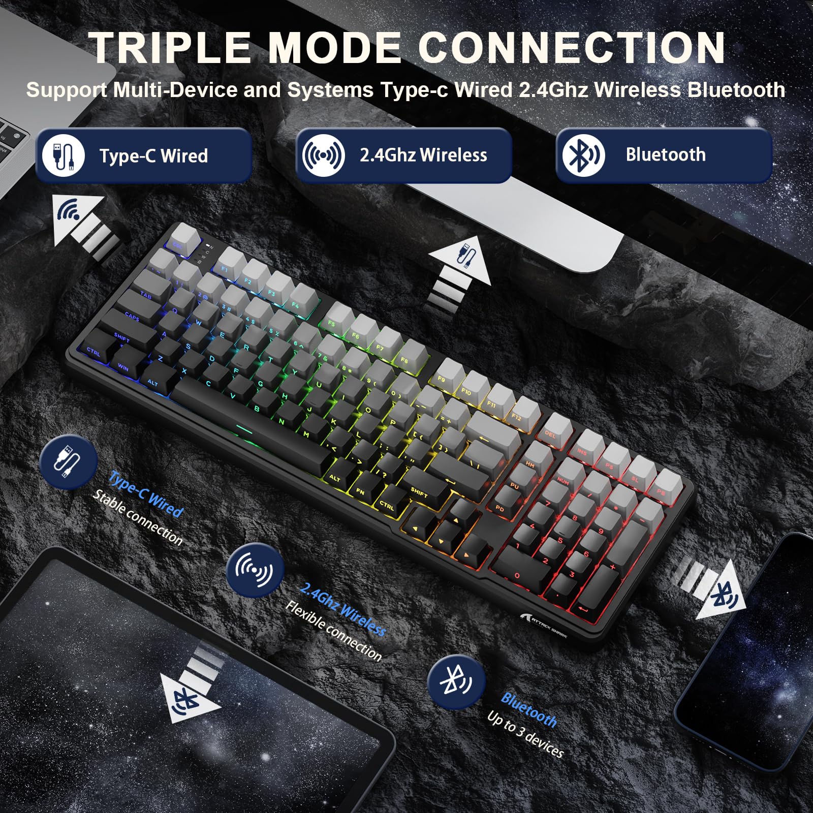 MAMBASNAKE x Attack Shark X98 bezprzewodowa mechaniczna klawiatura do gier Gasket 102 klawisze z kablem spiralnym, 2,4 G/BT/USB-C, wymienny przełącznik liniowy, RGB, NKRO (czarny gradient)