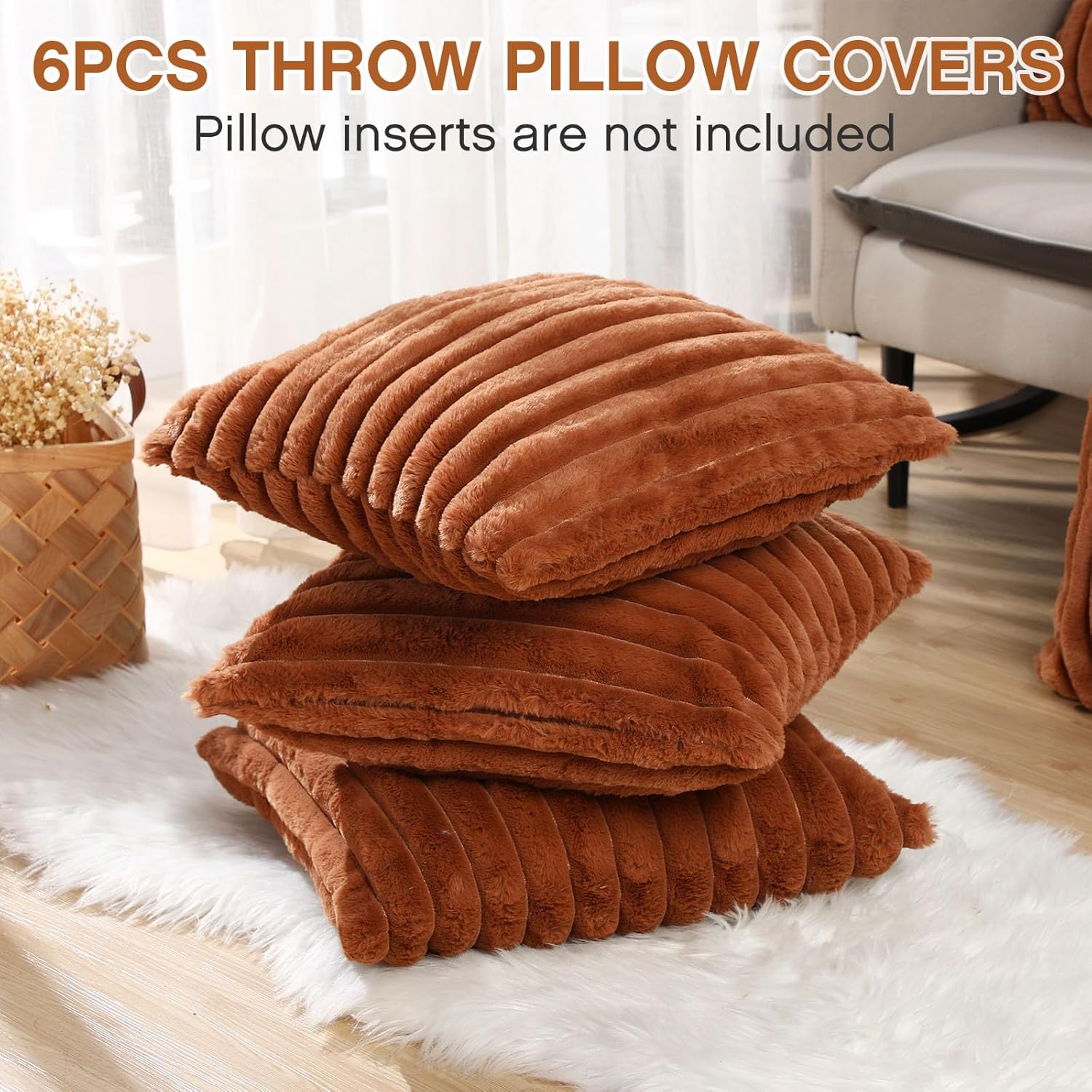 VitalCozy Throw Pillow Covers Set of 6 18x18 Decorative Neutral Couch Throw Pillow Covers Faux Fur Pillowcase Soft Velvet Farmhouse Boho Striped Decor for Bed, Sofa(Brown)