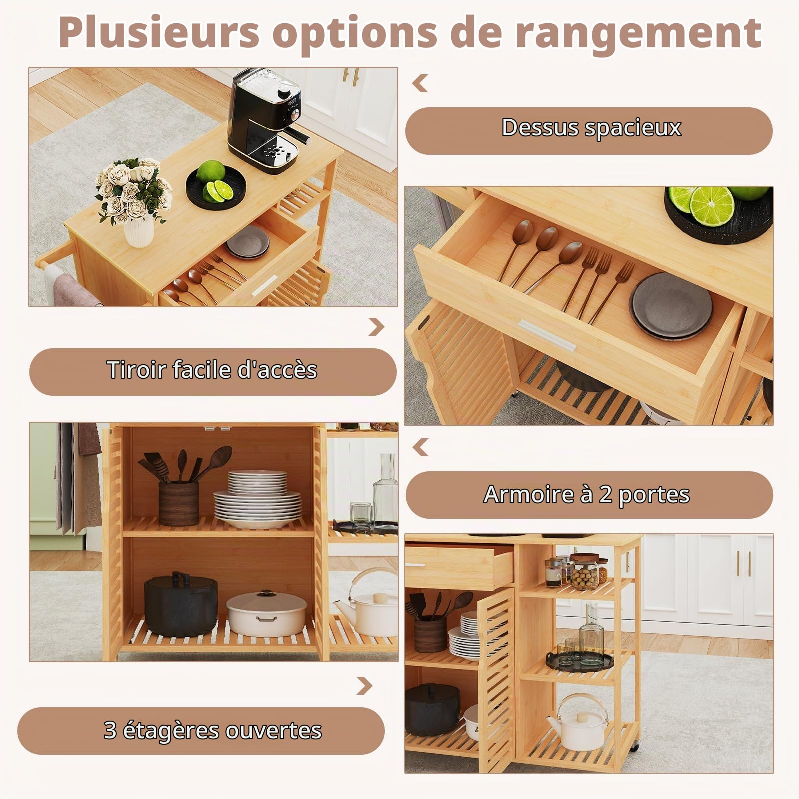 GIANTEX Chariot de cuisine sur roulettes, armoire de cuisine en bambou avec tiroir et portes à lattes, îlot de cuisine mobile, chariot de service avec étagères ouvertes et porte-serviettes, chariot de