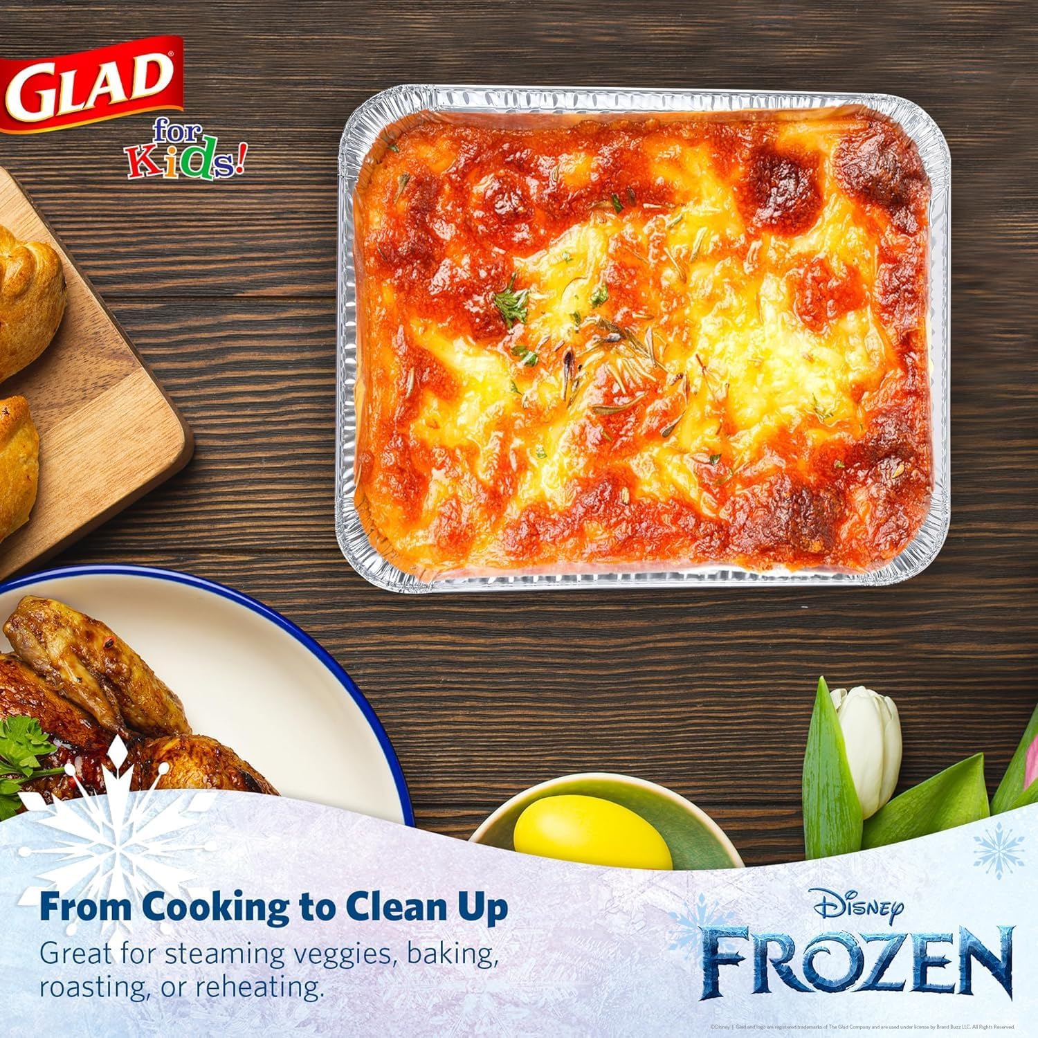 Glad Disposable Aluminum All Purpose Pans in Frozen Pattern, with Lids - Party Platter Foil Steam Pans - 12.5” x 10.2” x 2.16” Aluminum Pan - Disposable Steamware, 3 Count - 24 Pack