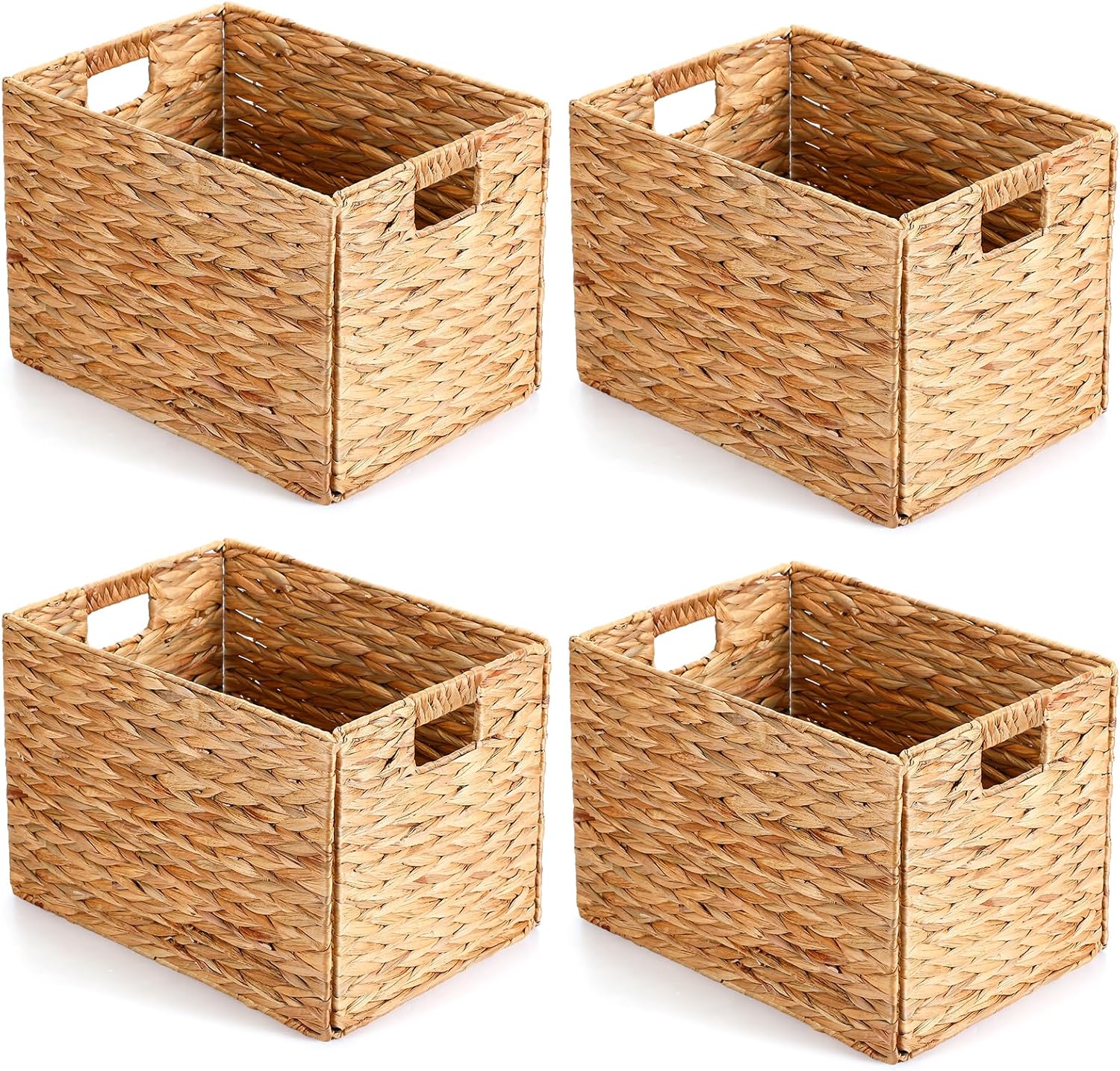 ShungLan Layhit 4-Pack Water Hyacinth Wicker Storage Baskets with Handles - 16x11x11'' Foldable Handwoven Bins for Bedroom, Living Room (Natural)