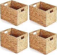 ShungLan Layhit 4-Pack Water Hyacinth Wicker Storage Baskets with Handles - 16x11x11'' Foldable Handwoven Bins for Bedroom, Living Room (Natural)