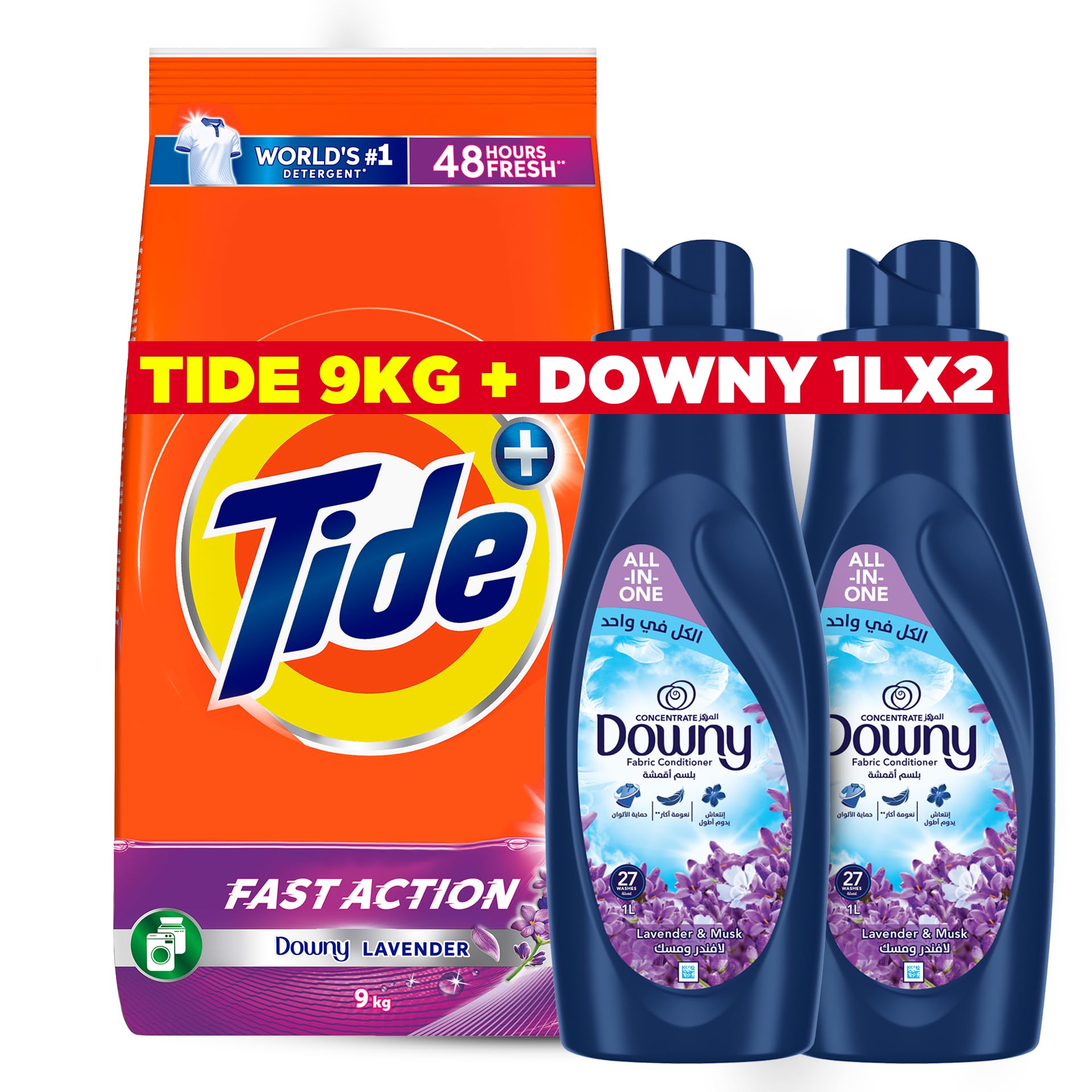 Tide Fast action Laundry Detergent Powder with Lavender, 9 KG + Downy Fabric Conditioner, More Softness, Longer Lasting Freshness, 1L, Equal to 3L Downy Dilute, 2 x 1 Litre