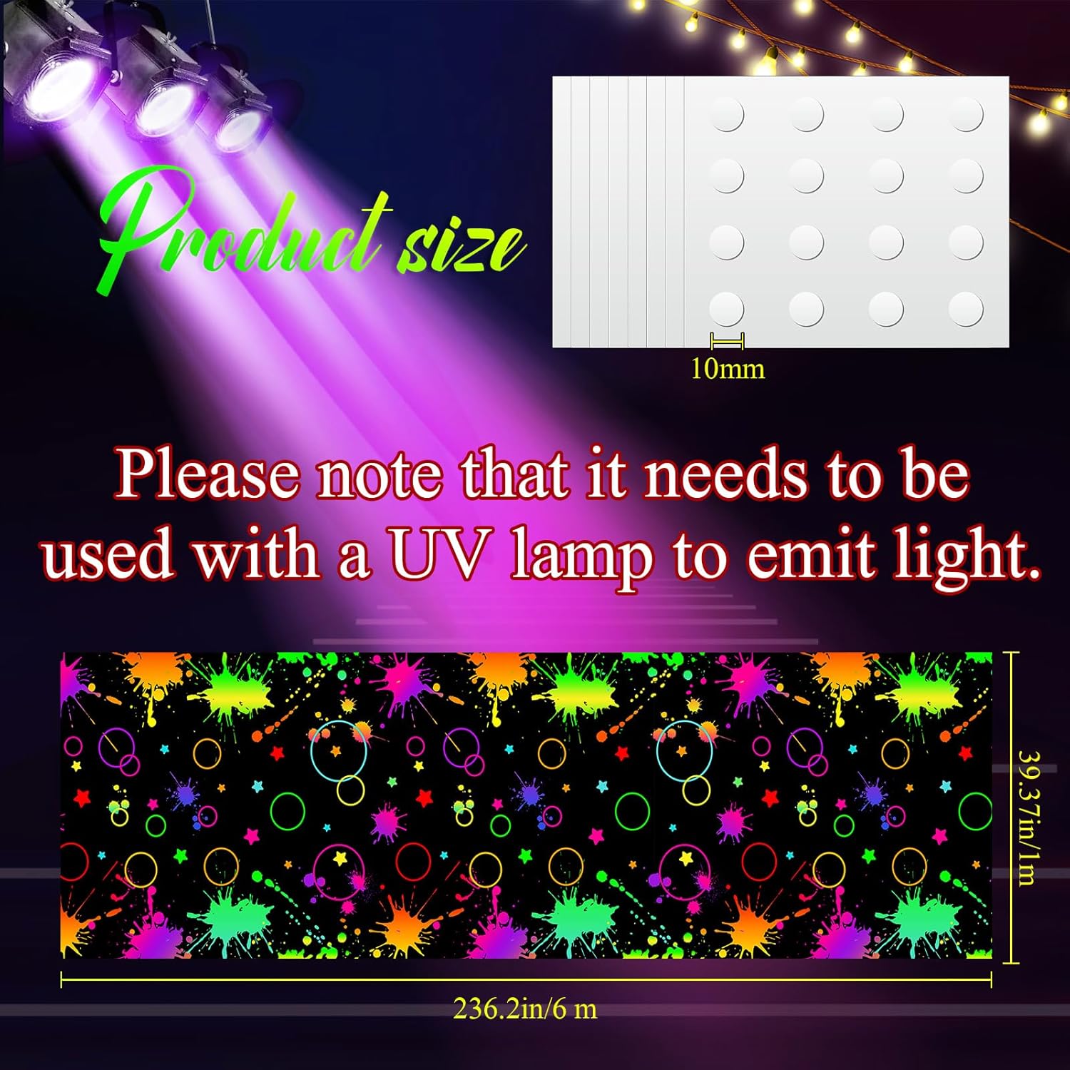 Haull 236 x 39 Inch Neon Light up Dance Floor Glow in The Dark Floor Runner Neon Party Decorations UV Blacklight Reactive Fluorescent Wall Props for Glow Disco Party Favors(Mixed)