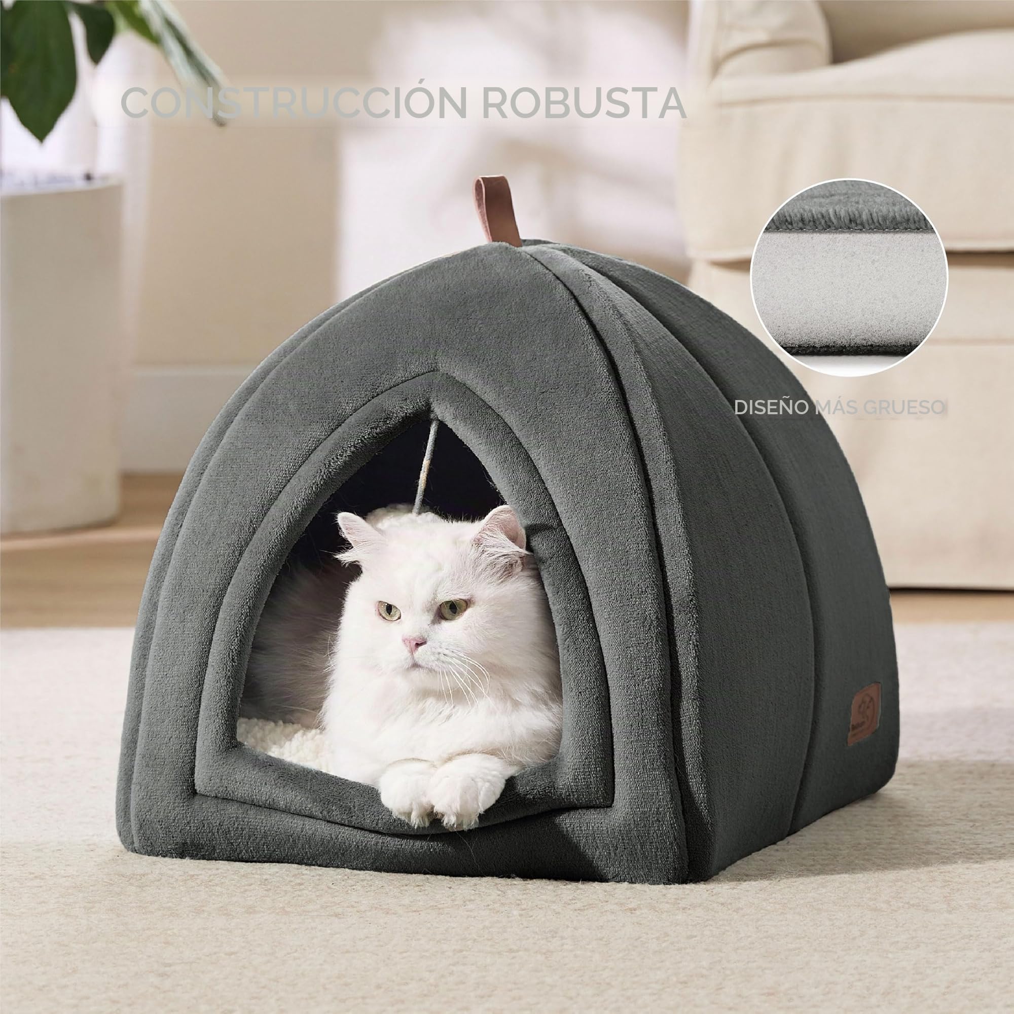 Bedsure Cama Cueva Gato Interior Casa Iglú Franela, 40x40cm | Cama Mascota Cerrada Plegable con Cojín Extraíble Lavable, Gris Oscuro