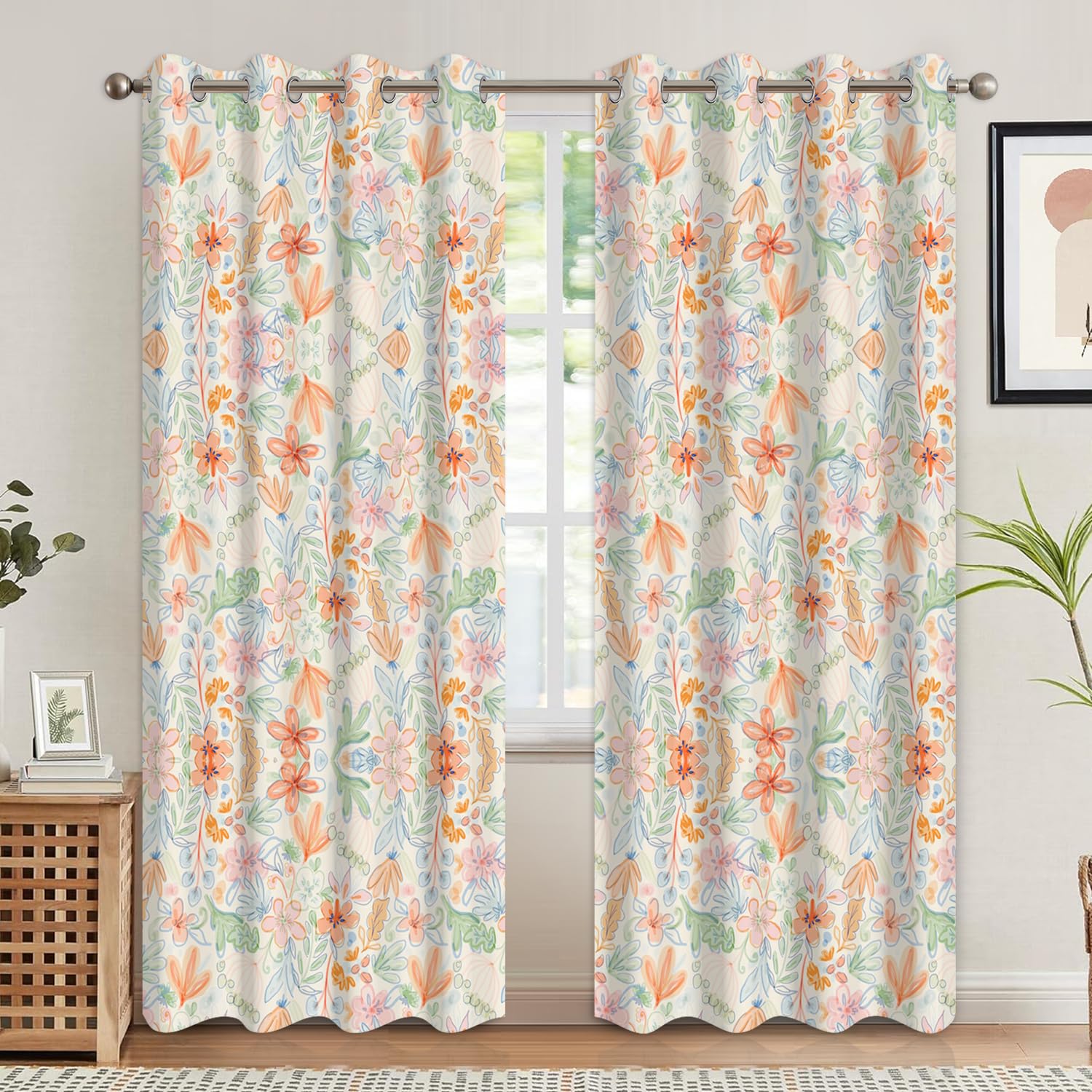 Xiazhilaio 84 inch Blackout Curtains with Colorful Boho Floral Print, 2 Panels Room Darkening & Light Blocking Drapes for Bedroom Living Room, Modern