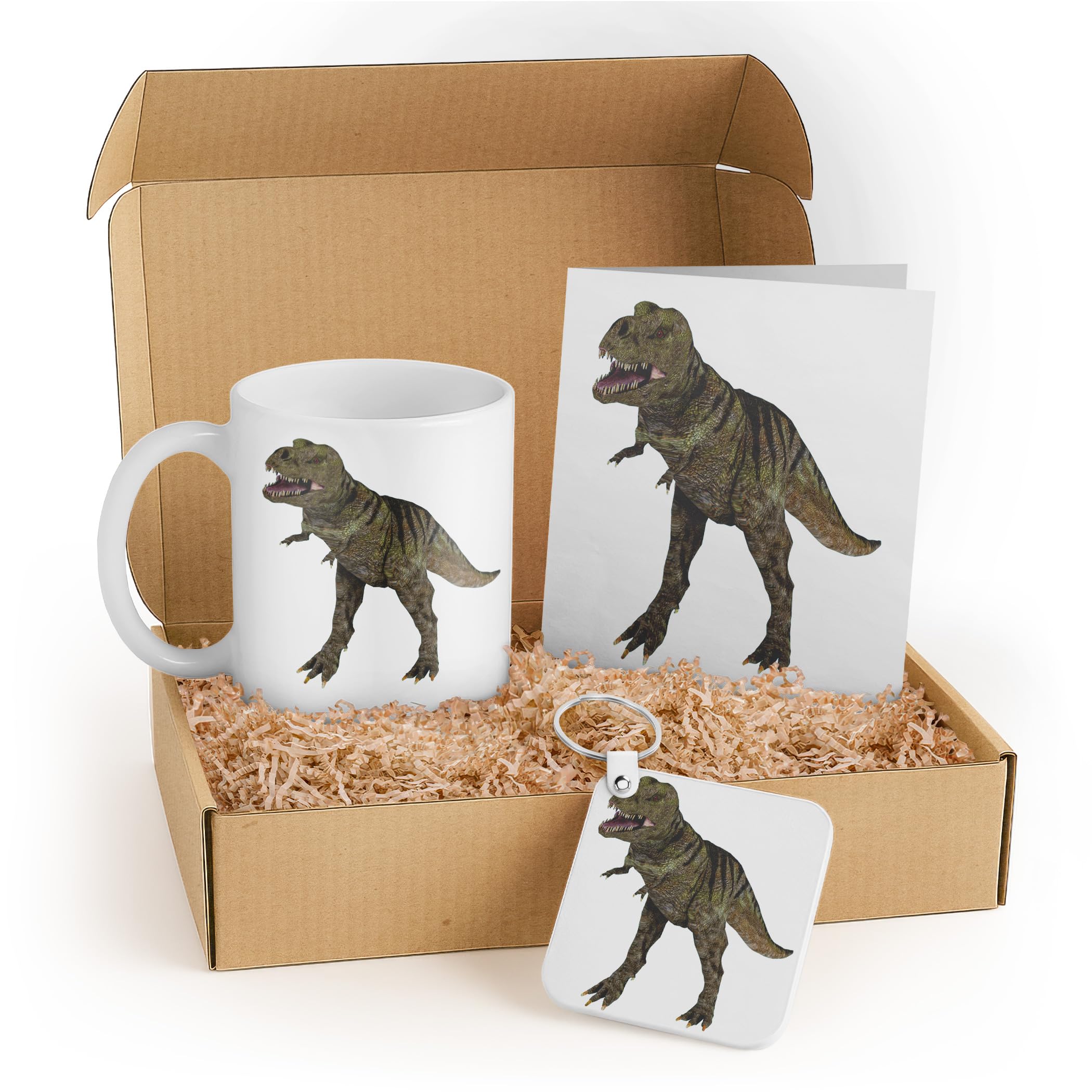 3dRose Tyrannosaurus Rex Gift Set for Dinosaur Lovers – Includes Mug, Keychain, and Card – Perfect for Kids and Holidays