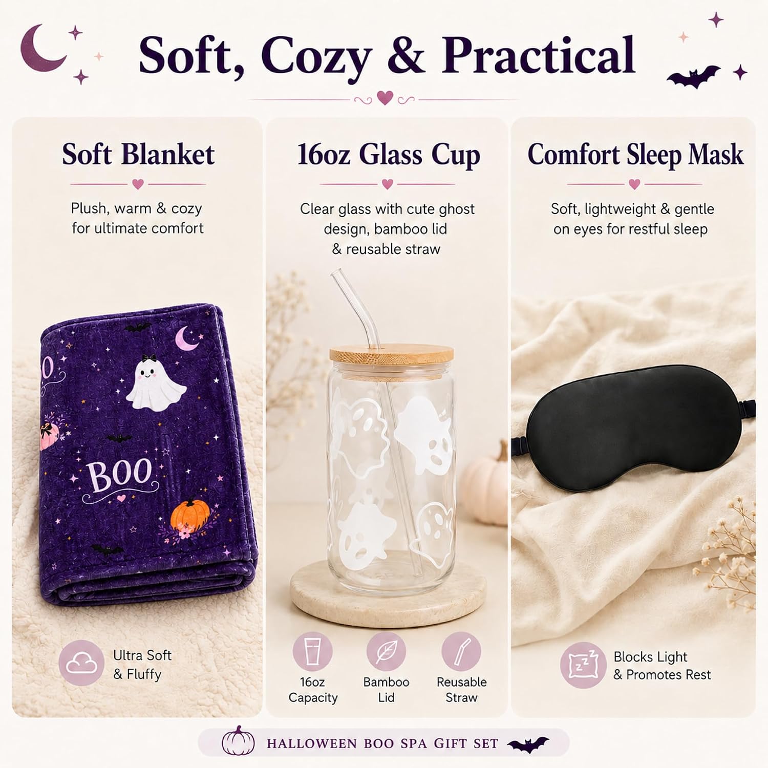 Halloween Gift Basket for Women, Boo Basket Stuffers for Her with 3.3 x 5 ft Blanket, 16 oz Ghost Glass Cup, Lavender Spa Set, Candle, Bath Salts, Soap, Socks and Accessories, Purple