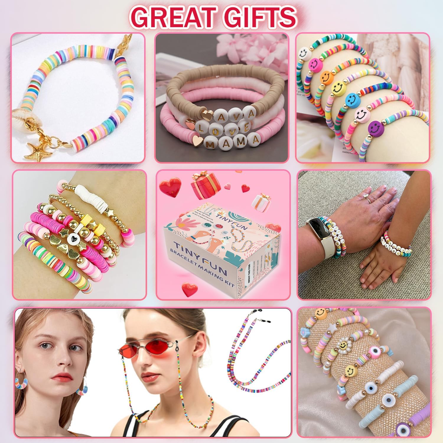 TINY FUN 6 Boxes 16800pcs 72 Colors Clay & 48 Colors Glass Seed Beads Kit for Friendship Bracelets, Heishi & Letters