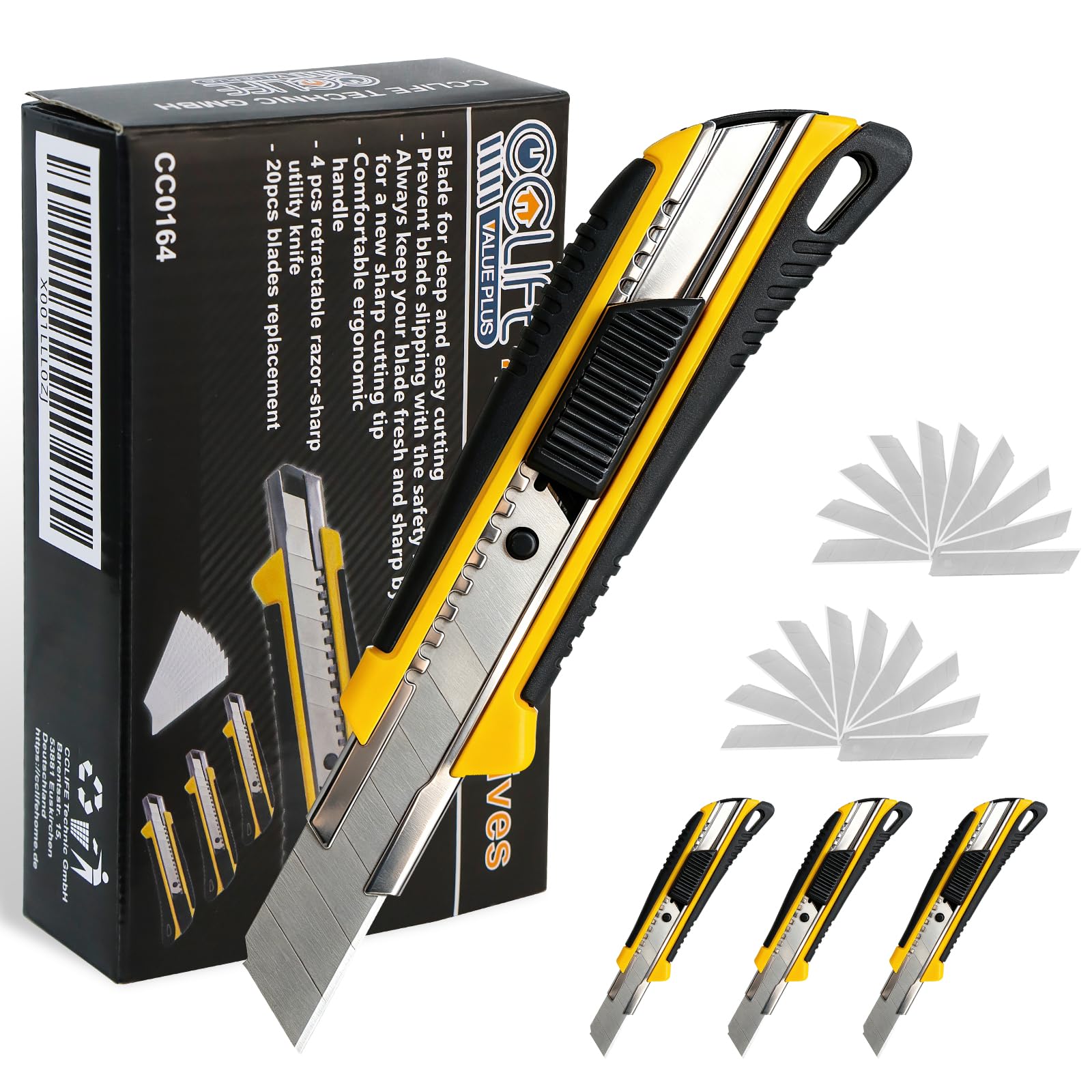 CCLIFE 4 pezzi cutter professionale taglierino 18 mm + 20 lame taglierino maniglia antiscivolo trincetto professionale per cartone moquette e bricolage