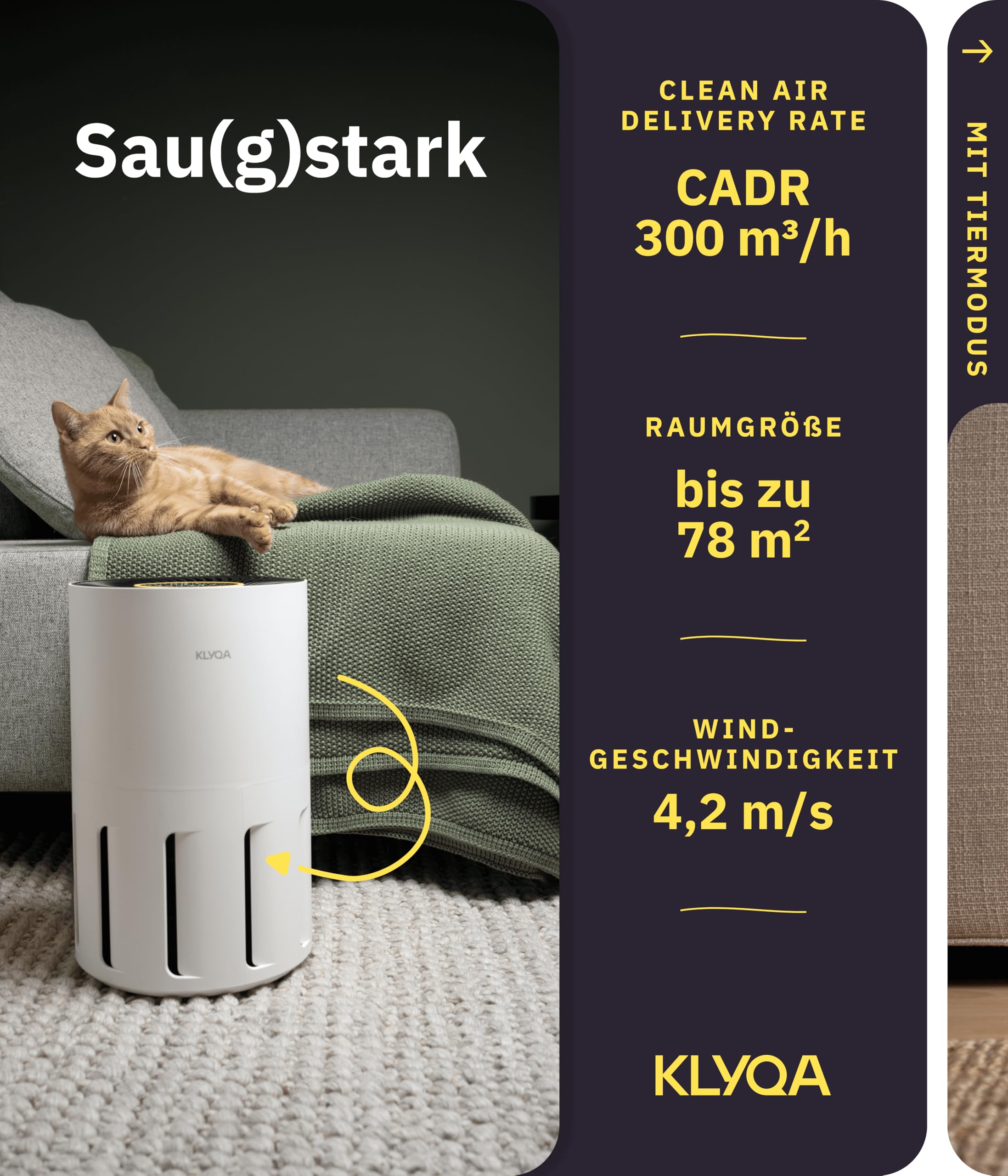 Klyqa Luftreiniger Allergiker 360° HEPA-Filter Leaf entfernt 99,99% der Tierhaare, Staub & Pollen I 300 CADR I 21,5Db Geräuscharmer Luftfilter I Smart Air purifier gegen Tierhaar I Server in DE