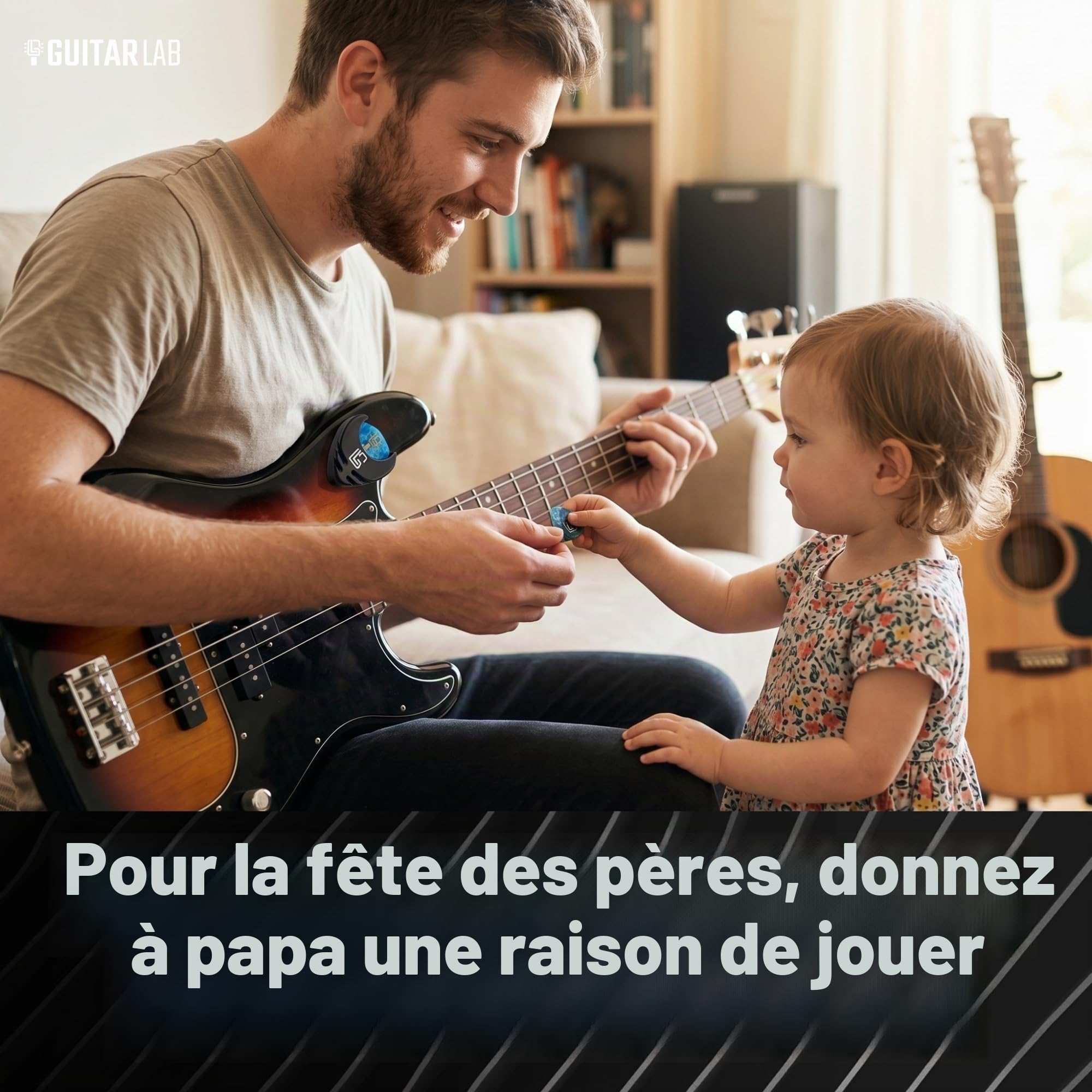 Guitar Lab Support de médiators et 10 médiators pour acoustique – Médiators en celluloïd – Guitare acoustique, électrique, basse et ukulélé – Ensemble fin, moyen et épais