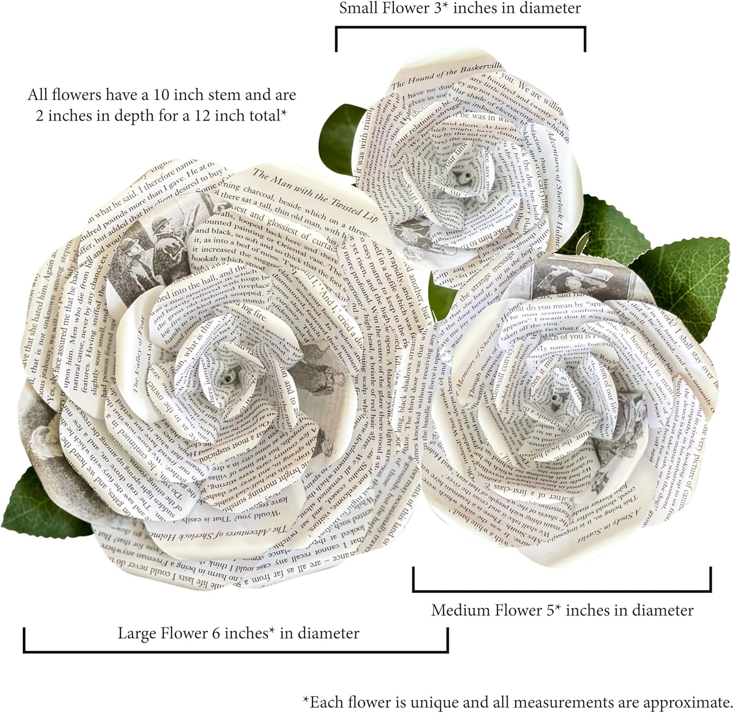 Handmade Sherlock Holmes Paper Flower, Book Page Rose Made from The Works of Arthur Conan Doyle, Mystery Lovers Gift for Anniversary, Birthday, Graduation, Weddings- 6 Inch Large