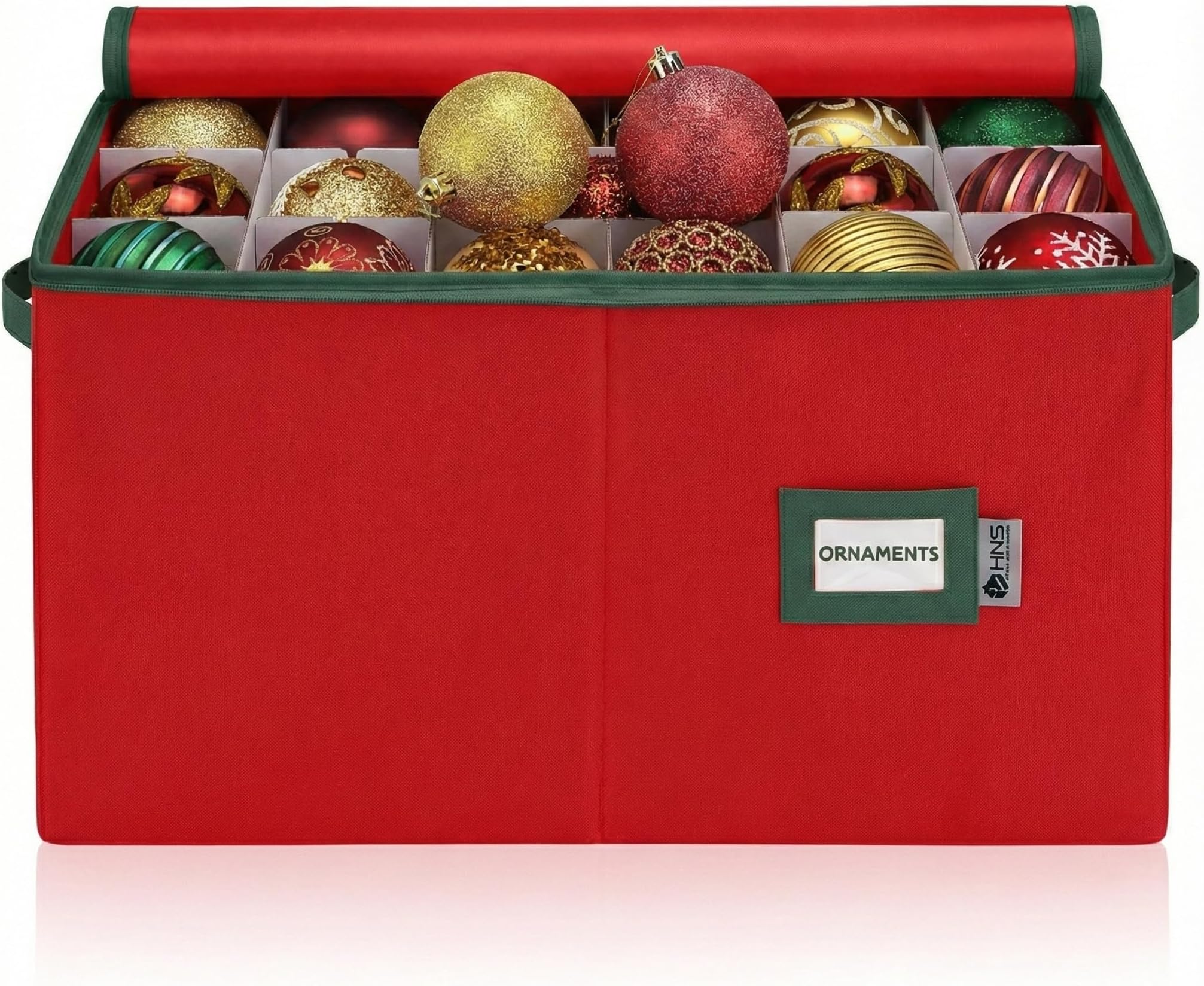 Christmas Ornament Storage Container with Dividers - Box Stores Up to 54 Ornaments, Zippered, Convenient, Adjustable, Large Organizer Bin to Protect Holiday Décor, Fits Most Standard Size, Red