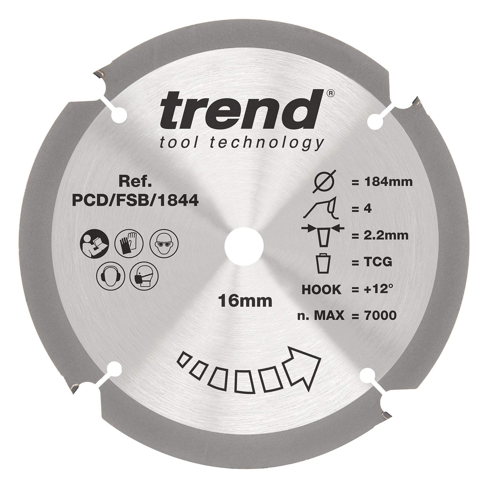 Trend PCD Fibre Cement Circular Saw Blade, 184mm Diameter, 16mm Bore, 4 Teeth, 2.2mm Kerf, +12° Hook, PCD, Coarse Finish, PCD/FSB/1844