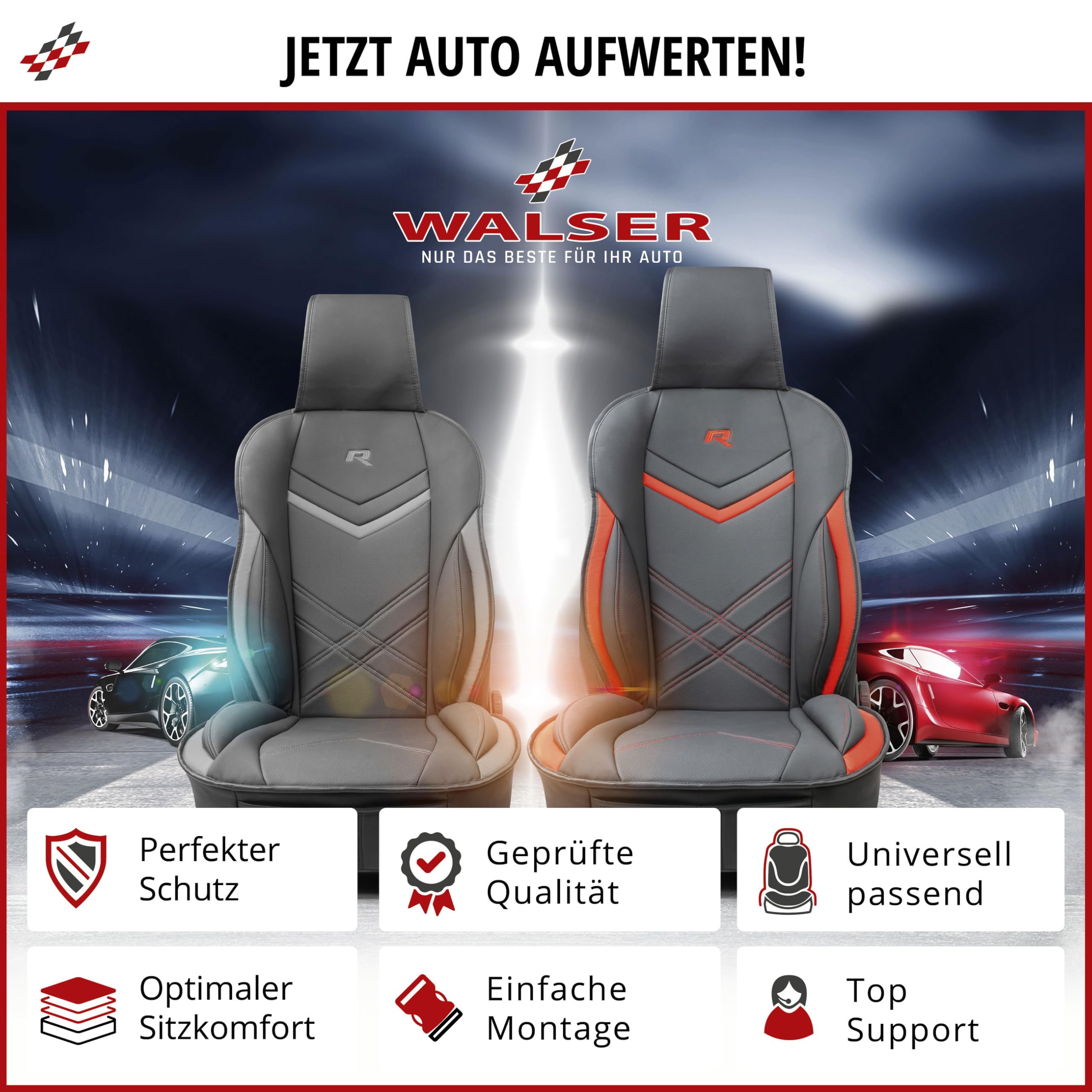 WALSER Nakładka na fotel samochodowy Auto Rey, ochraniacz na fotele samochodowe, czarno-szary, uniwersalny pokrowiec na przednie siedzenia, poduszka na siedzenia samochodowe, sportowy wygląd, pokrowce na siedzenia samochodowe do samochodów osobowych i cię