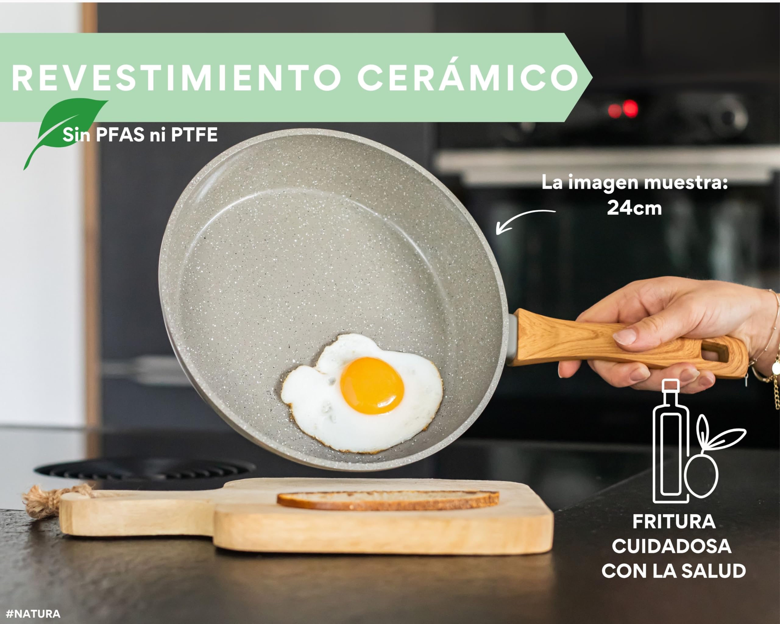 DIVORY Sartén cerámica 24cm - para placa de inducción, sin PFAS ni PTFE, con revestimiento, apta para horno y lavavajillas, (Natura, 24 cm)