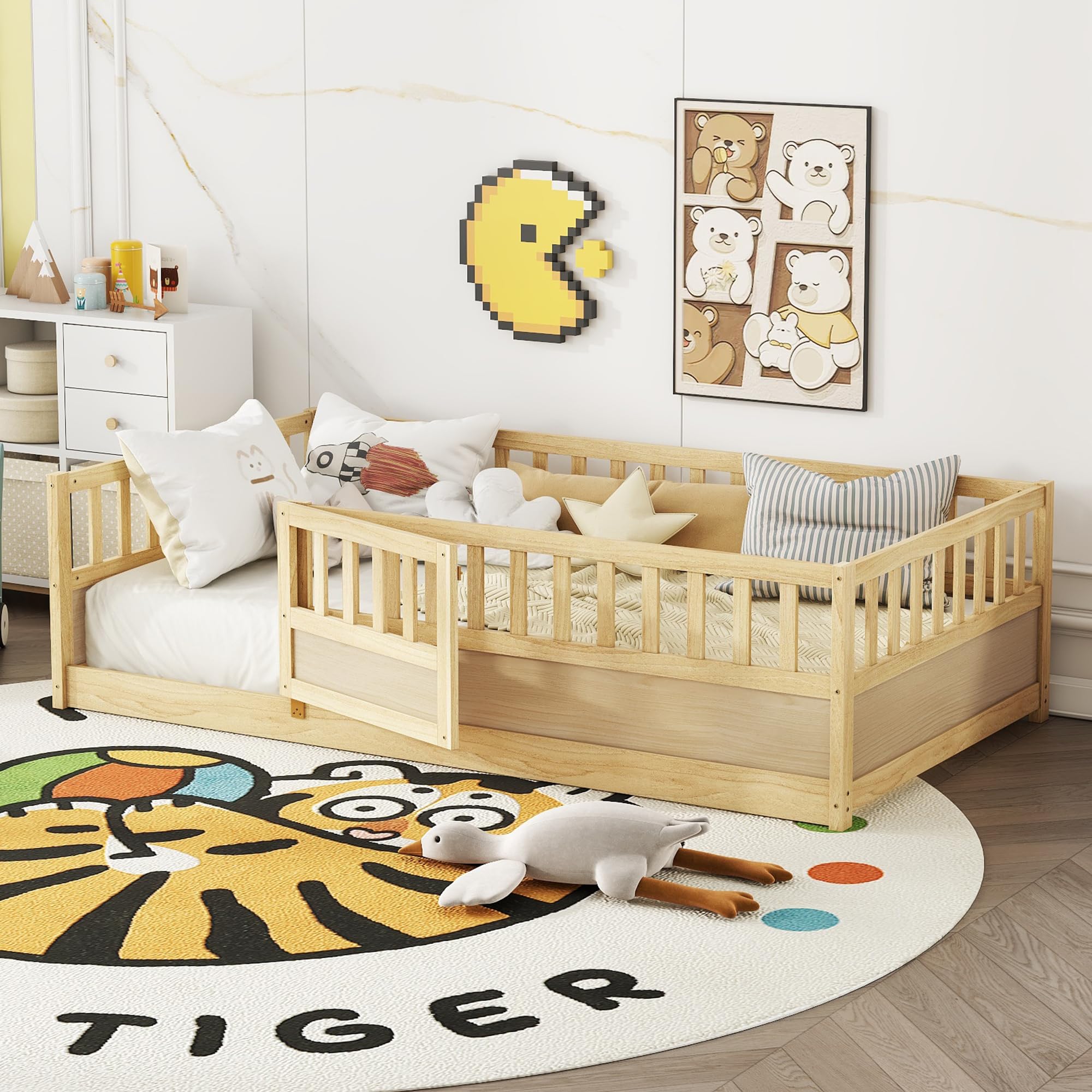 Montessori Floor Bed Frame with Safety Guardrails and Door, Solid Pine Wood Low Bed for Kids Toddlers, Indoor Playhouse Bed, No Box Spring Needed (Natural, Twin)