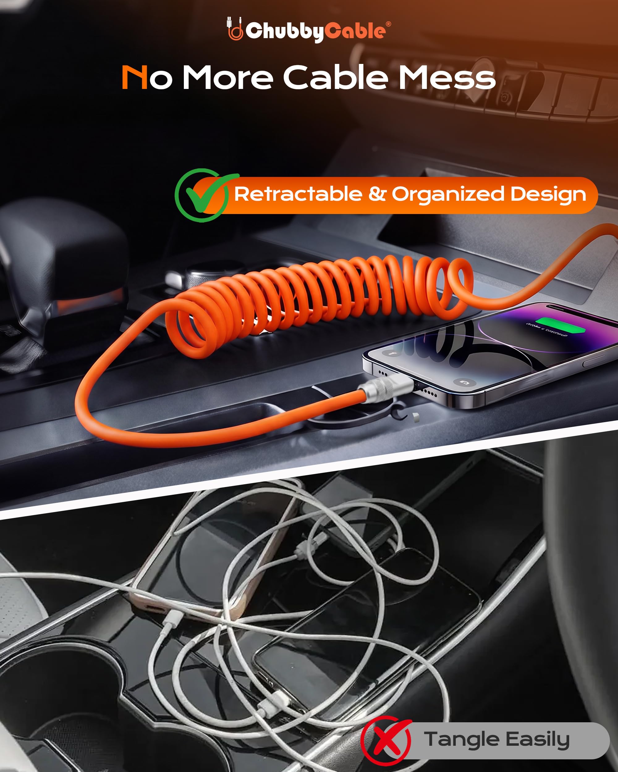 chubbycable Curly Chubby - Cavo USB C a spirale in silicone da 240 W, confezione da 2 [240H Sag-Free] Cavo di ricarica rapida a spirale per auto, cavo di ricarica retrattile per Android Auto e CarPlay