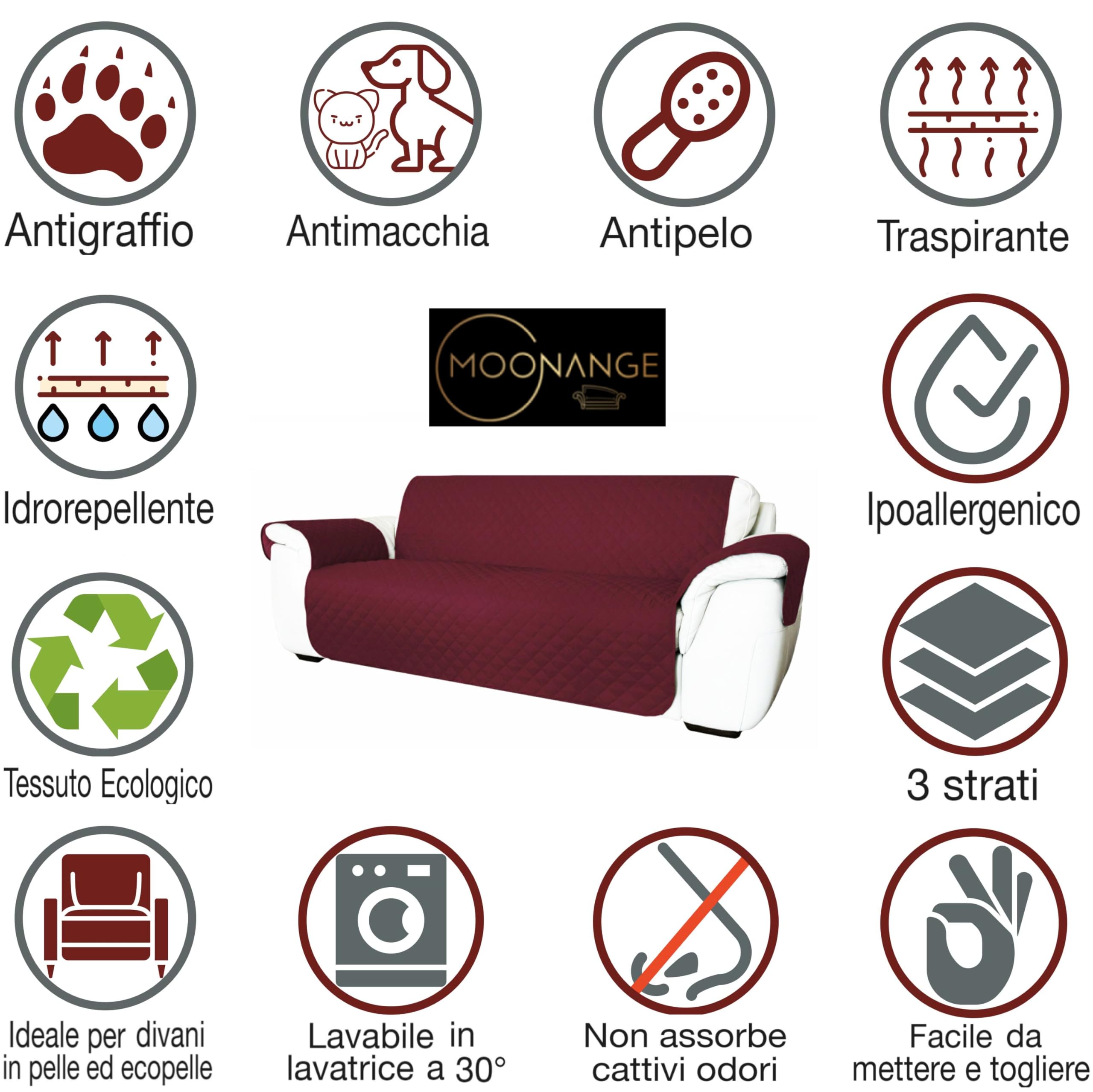 Moonange - Copridivano 3 Posti - Copridivano con Braccioli - Seduta 165 cm - Impermeabile - Reversibile - Antiscivolo - Antimacchia - Antigraffio - Antipelo - Copridivano moderno - Tortora Scuro