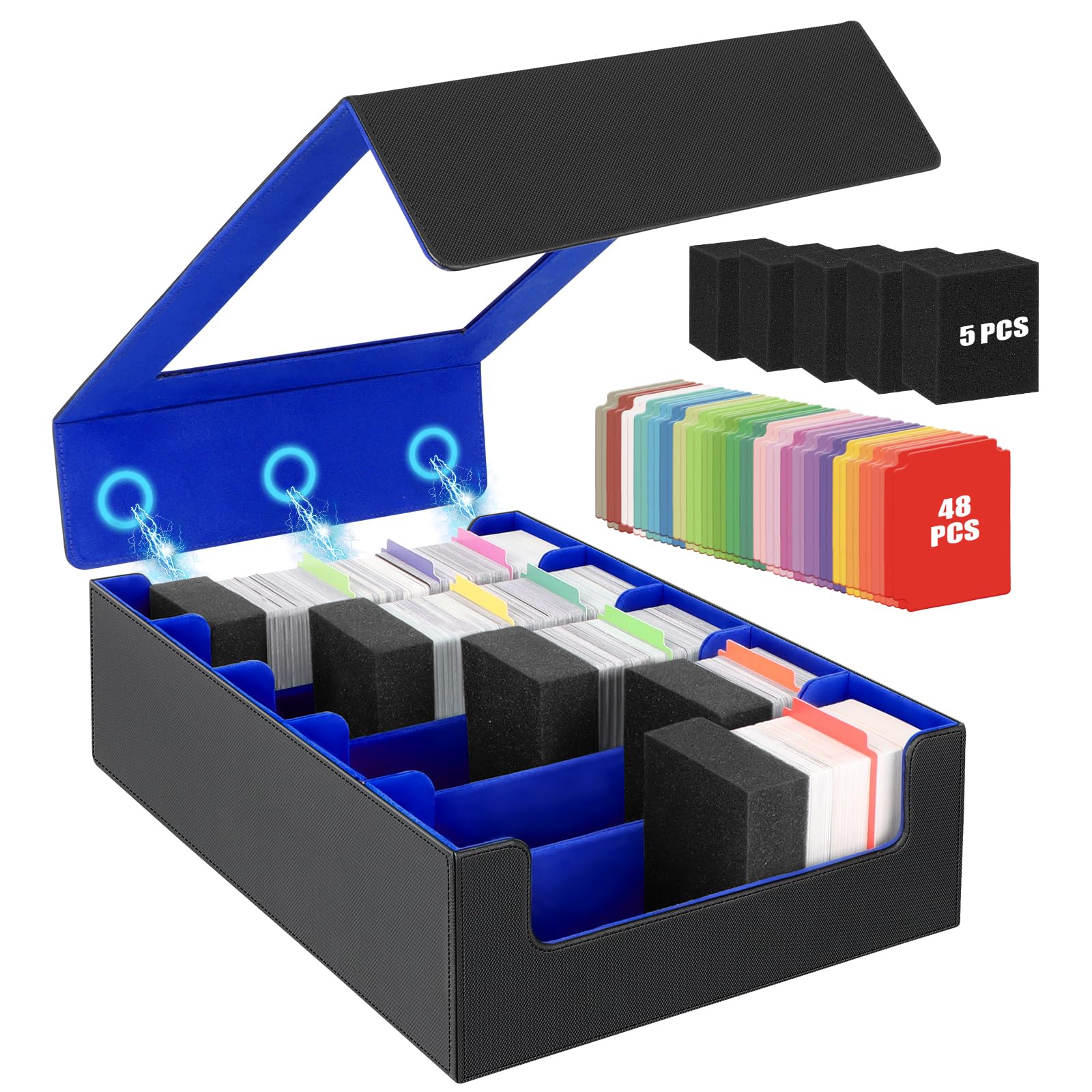 AOBOPLE Boîte de 5 Rangées Rangement de Cartes Pour 3900+ Cartes, Avec 48 Intercalaires et 5 Supports en Mousse, Boîte Rangement Carte Magnétiques de Qualité Supérieure,Rangement Cartes de Sport(Bleu)