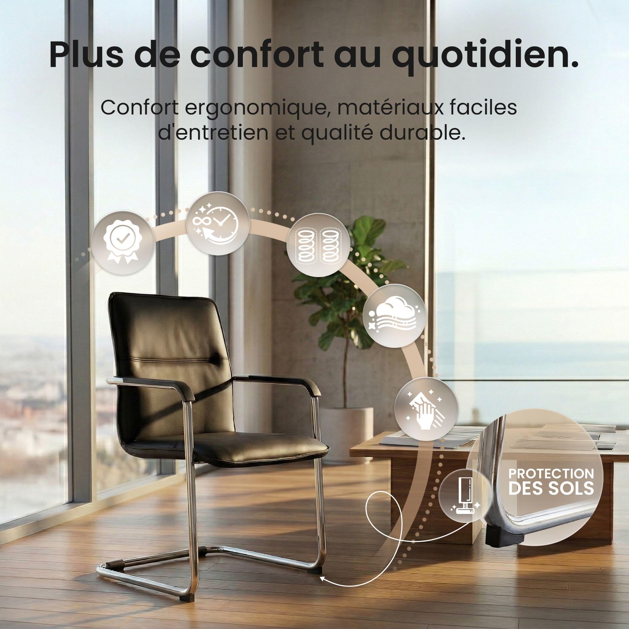 CLP Chaise Cantilever Seattle avec accoudoirs, Chaise de Salle a Manger Moderne rembourree en Similicuir, piement Effet Chrome, Couleur:Noir