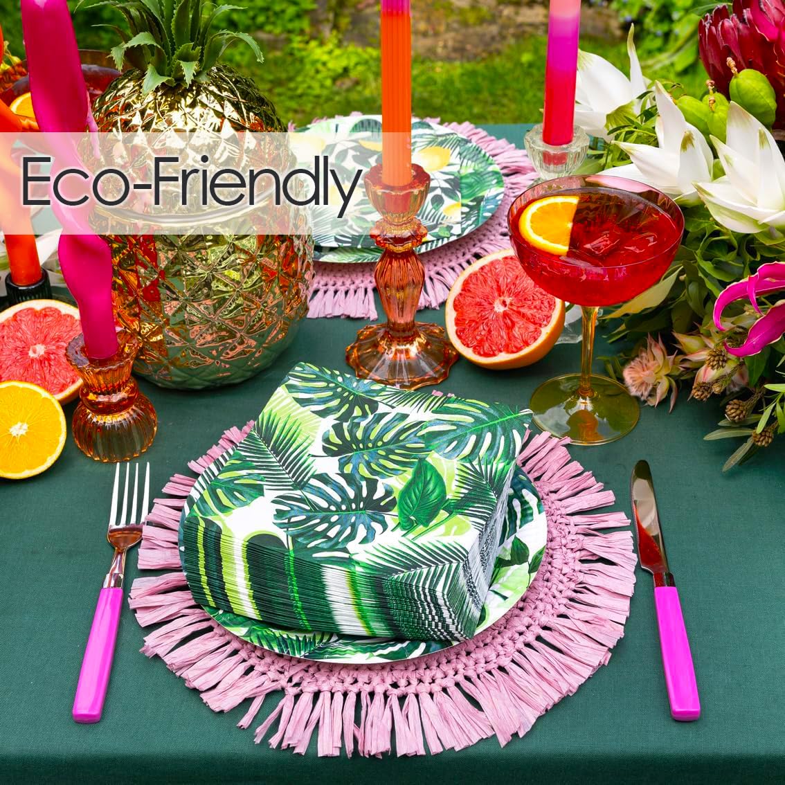 Talking Tables Confezione da 50 tovaglioli di carta tropicale con foglie di palma per feste nella giungla dei bambini, tema hawaiano, Luau, estate, decoupage, 33 cm