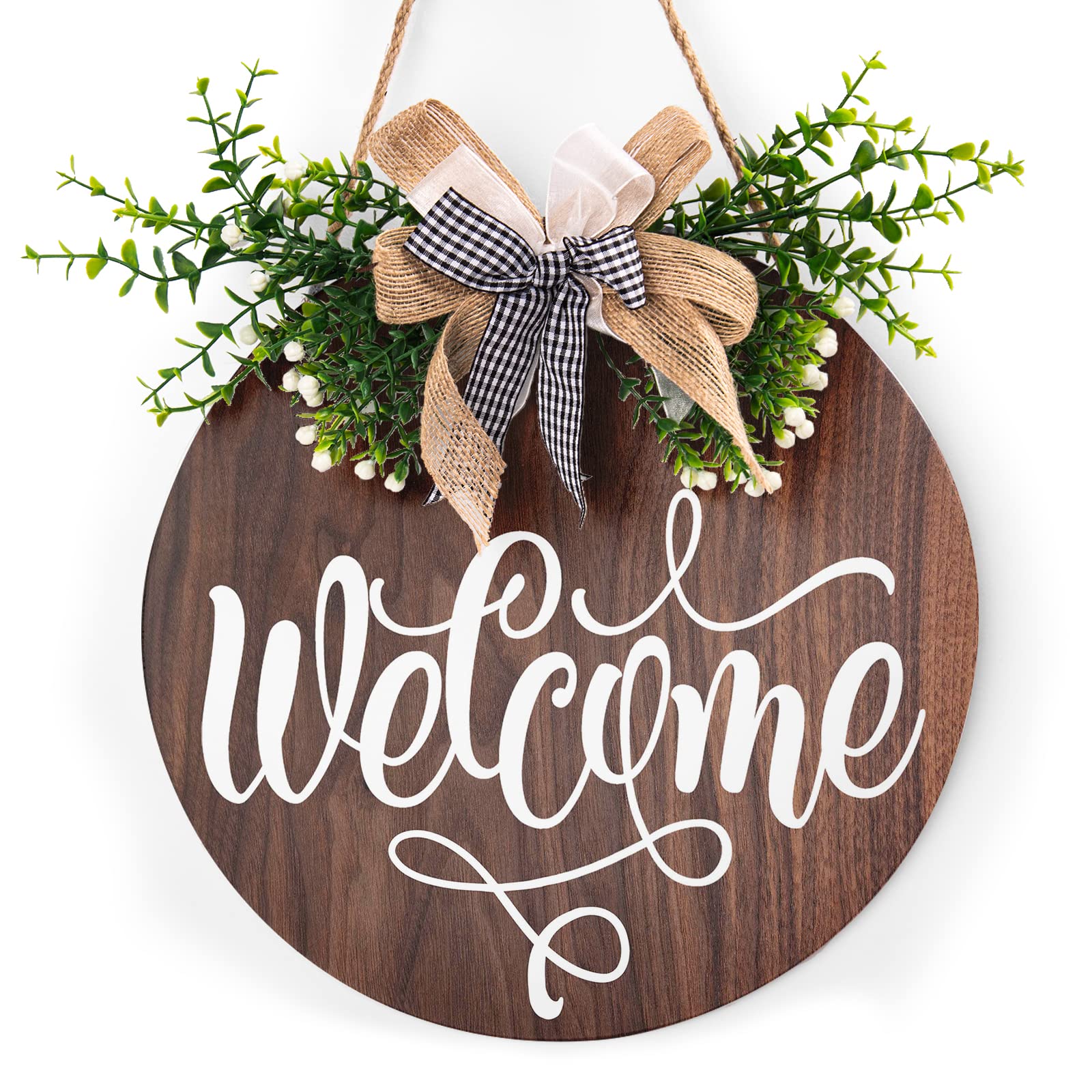 Welcome Wooden Door Sign,Welcome Sign for Front Door, Spring and Summer Eucalyptus Wreath for Farmhouse porch Welcome Sign Front Door Decoration Housewarming Gift