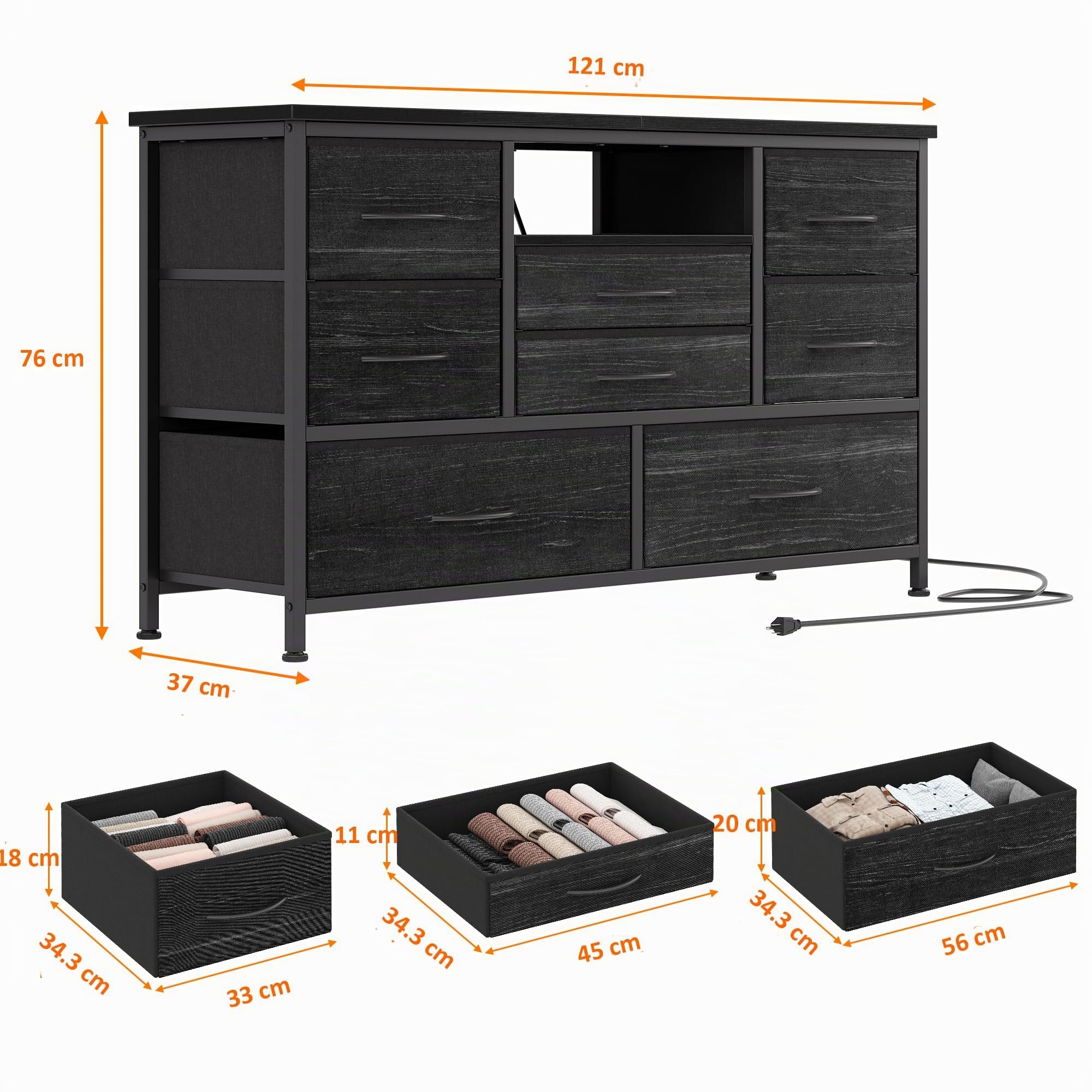 Commode à 8 Tiroirs & Meuble TV avec LED, Station De Charge, Commode De Chambre avec Structure en Métal, Tiroir en Tissu, Meuble De Rangement