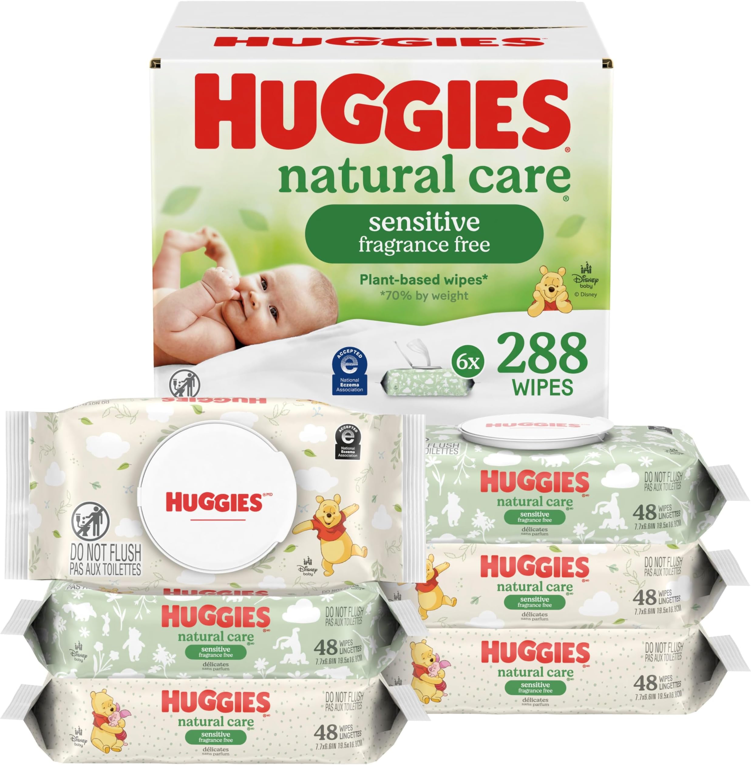 Huggies Sensitive Baby Wipes, Natural Care Baby Diaper Wipes, Unscented, Hypoallergenic, 6 Flip-Top Packs (288 Wipes Total)