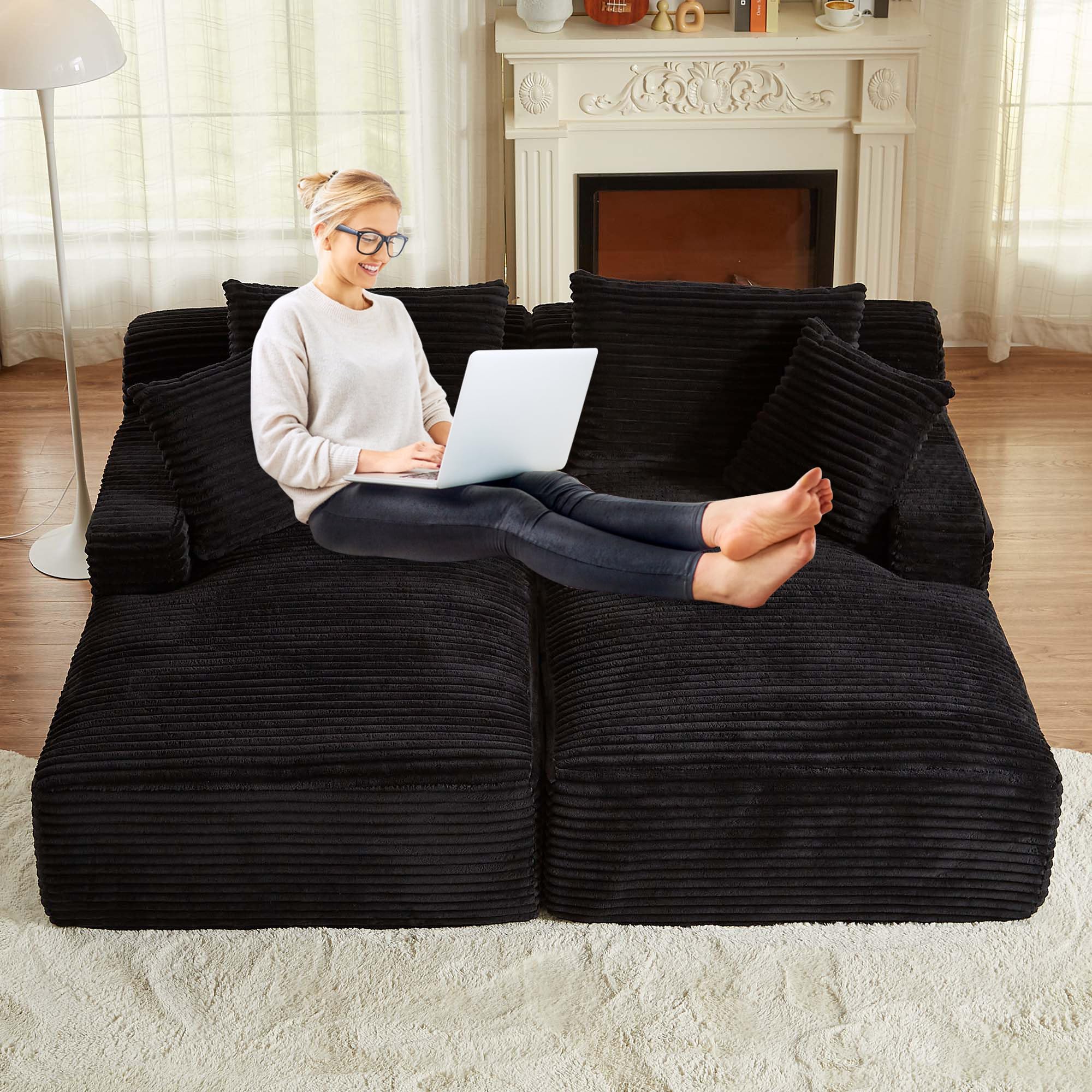 Suheww 78.8" Oversized Chaise Lounge Sofa Bed Indoor, Upholstered Black Boneless Couches for Living Room, Corduroy Double Chaise Sofa Small Sleeper