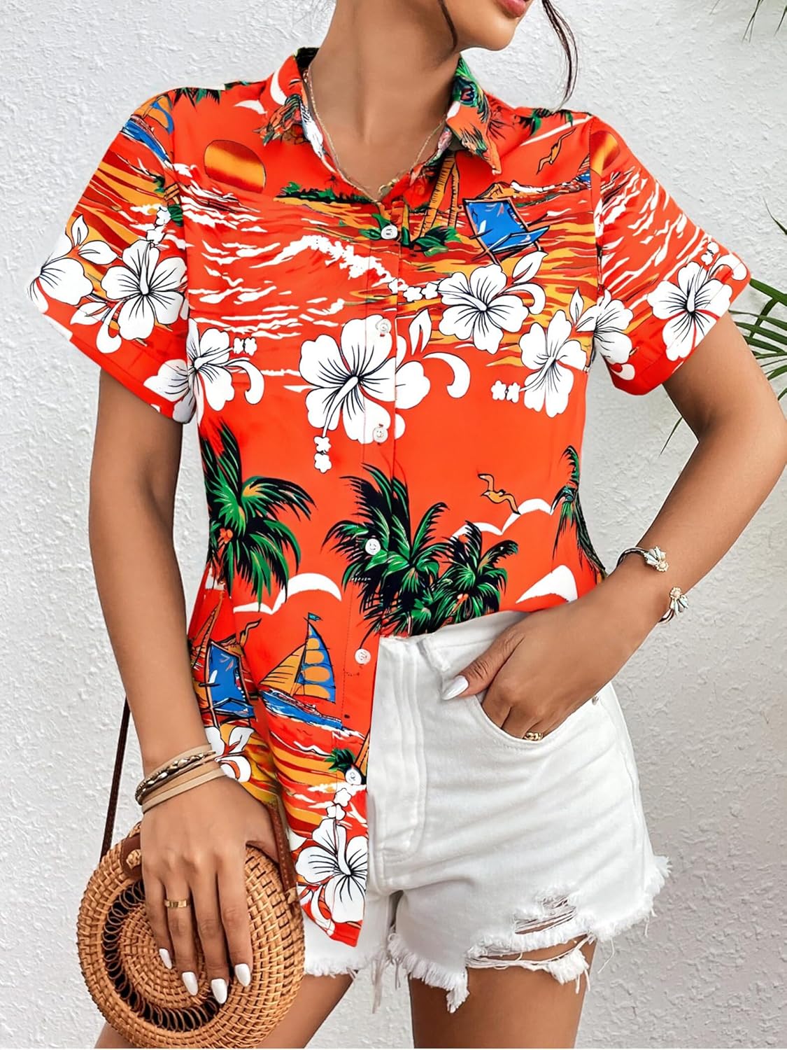Hawaiian Shirts for Women Hawaii Tropical Button Down Tops Summer Beach Vacation Outfits Floral Short Sleeve Blouses - Image 5
