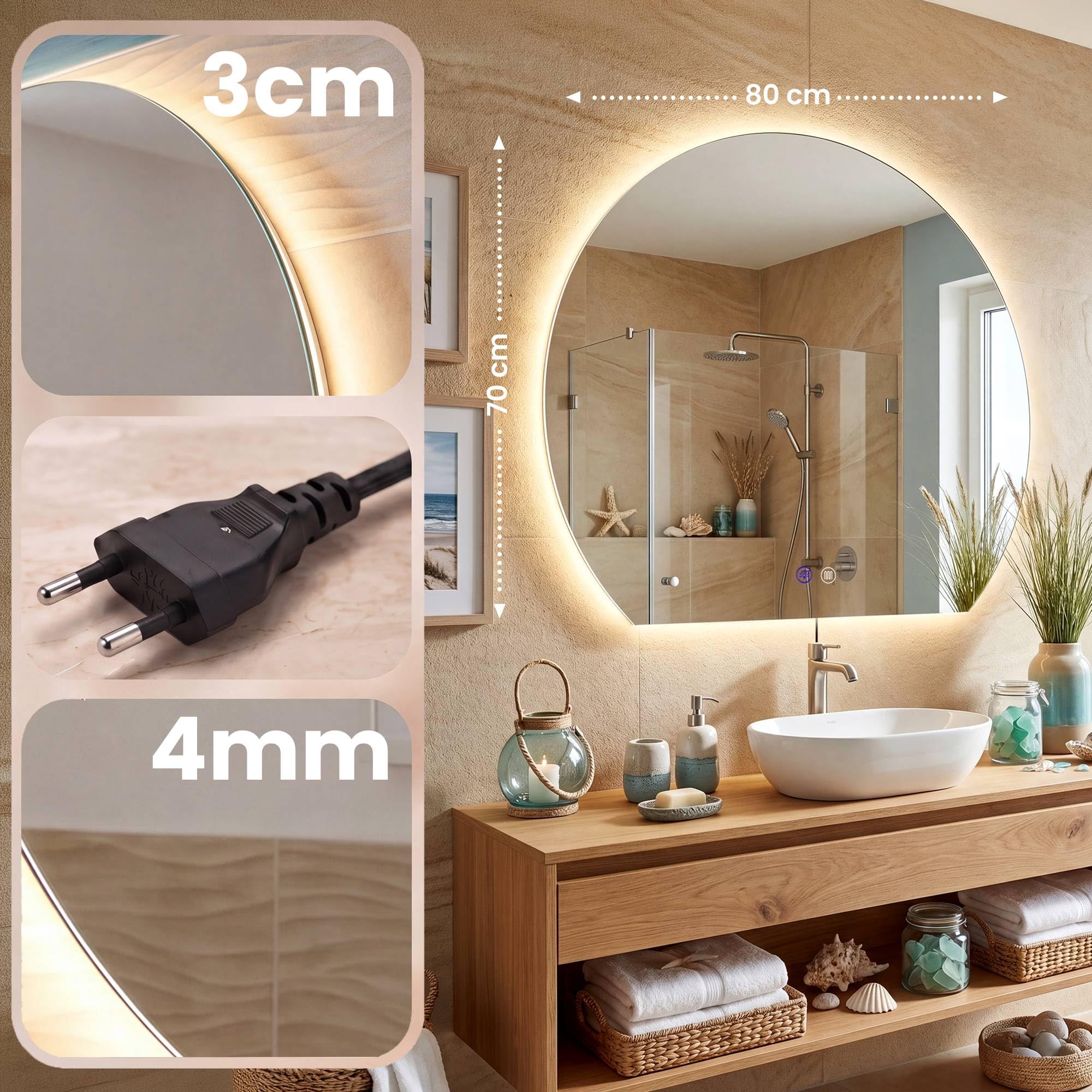 CLP Espejo de Bano LED semicircular, Espejo de Pared sin Marco con Sensor tactil, Regulable, 3 Tonos de luz, antivaho Baloni, Tamaño: