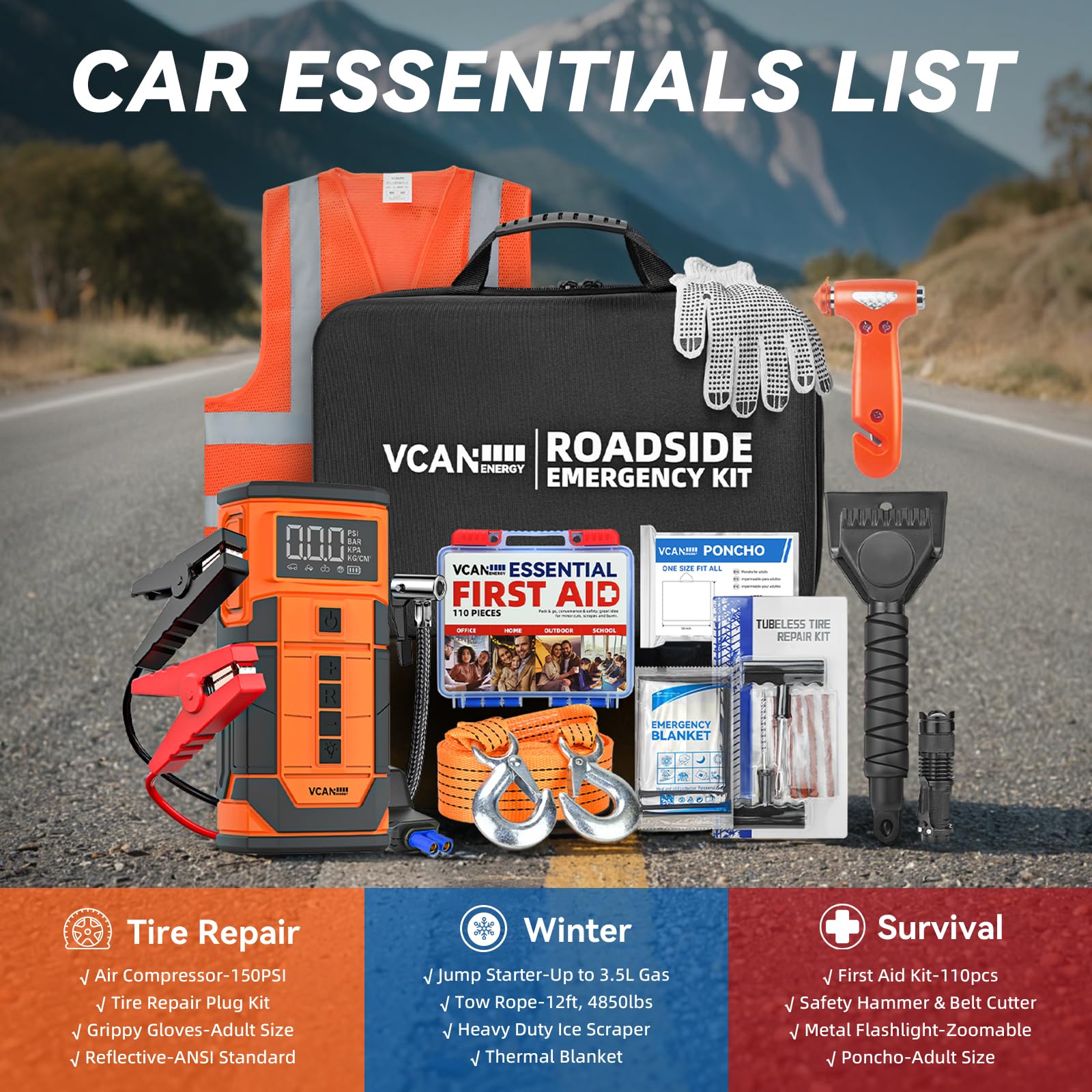 Jump Starter with Air Compressor, VCANENERGY Roadside Emergency Car Kit with 12V Portable Battery Jump Starter & Tire Inflator for Cars, Trucks, SUVs-Car Emergency Kit for Women, Men, Teen