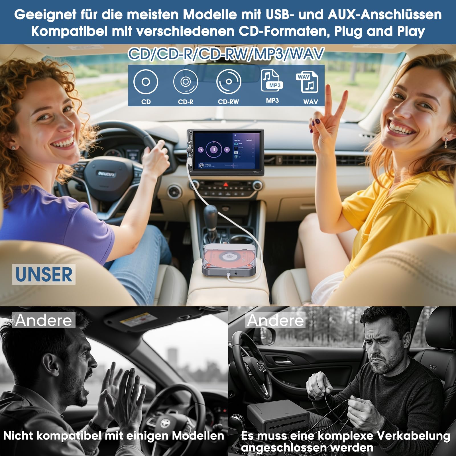 CD Player für Auto mit USB/AUX-Anschluss, CENXINY Externer CD-Player kompatibel mit Auto Radio, universeller Player fürs Fahrzeug, mit AUX-Kabel/USB-Verlängerungskabel