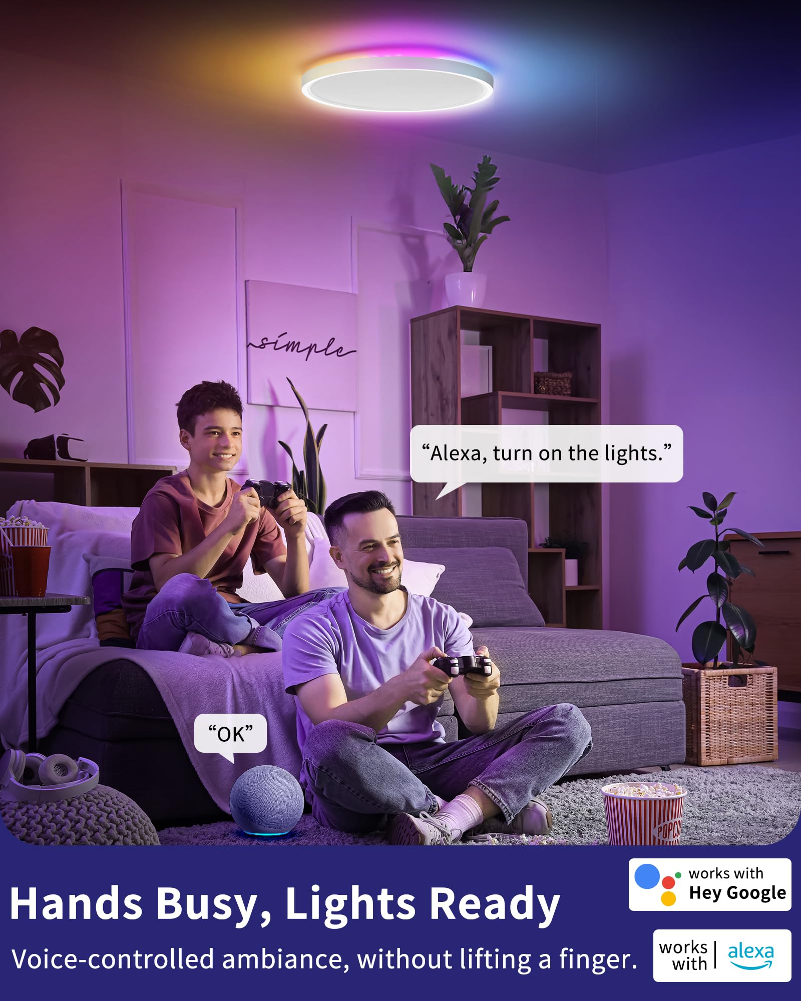 Plafón LED Inteligente 24W Regulable con Mando y Control WiFi – Lámpara de Techo Ultrafina con Luz de Fondo RGB, Compatible con Alexa y Google Home, para Salón y Dormitorio